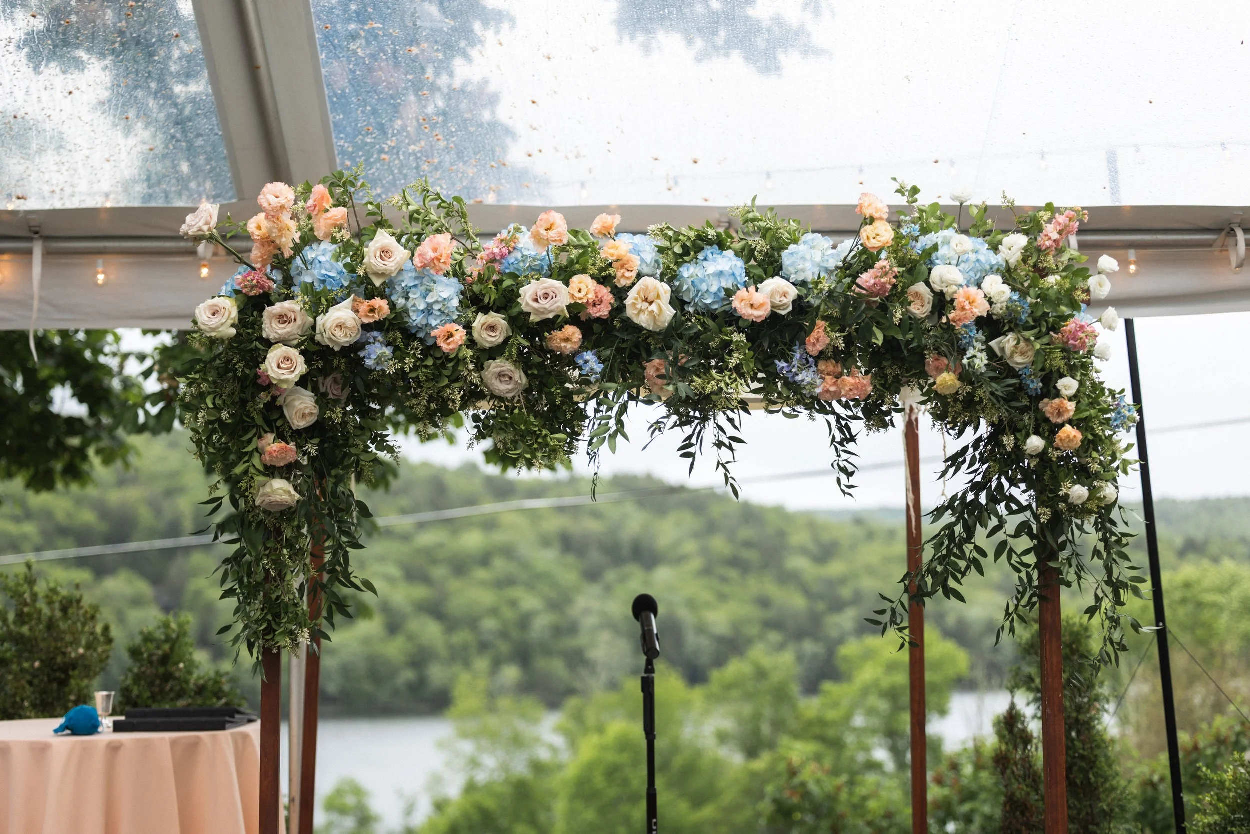 Chuppah Cross Beam Detail | Kenoza Hall Wedding Florals Catskills