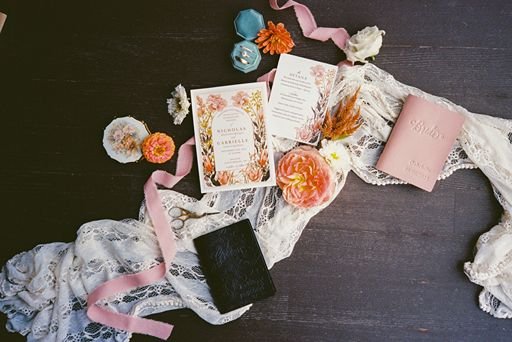 Wedding Invitation Flat Lay with Florals | Spillian Catskills Wedding