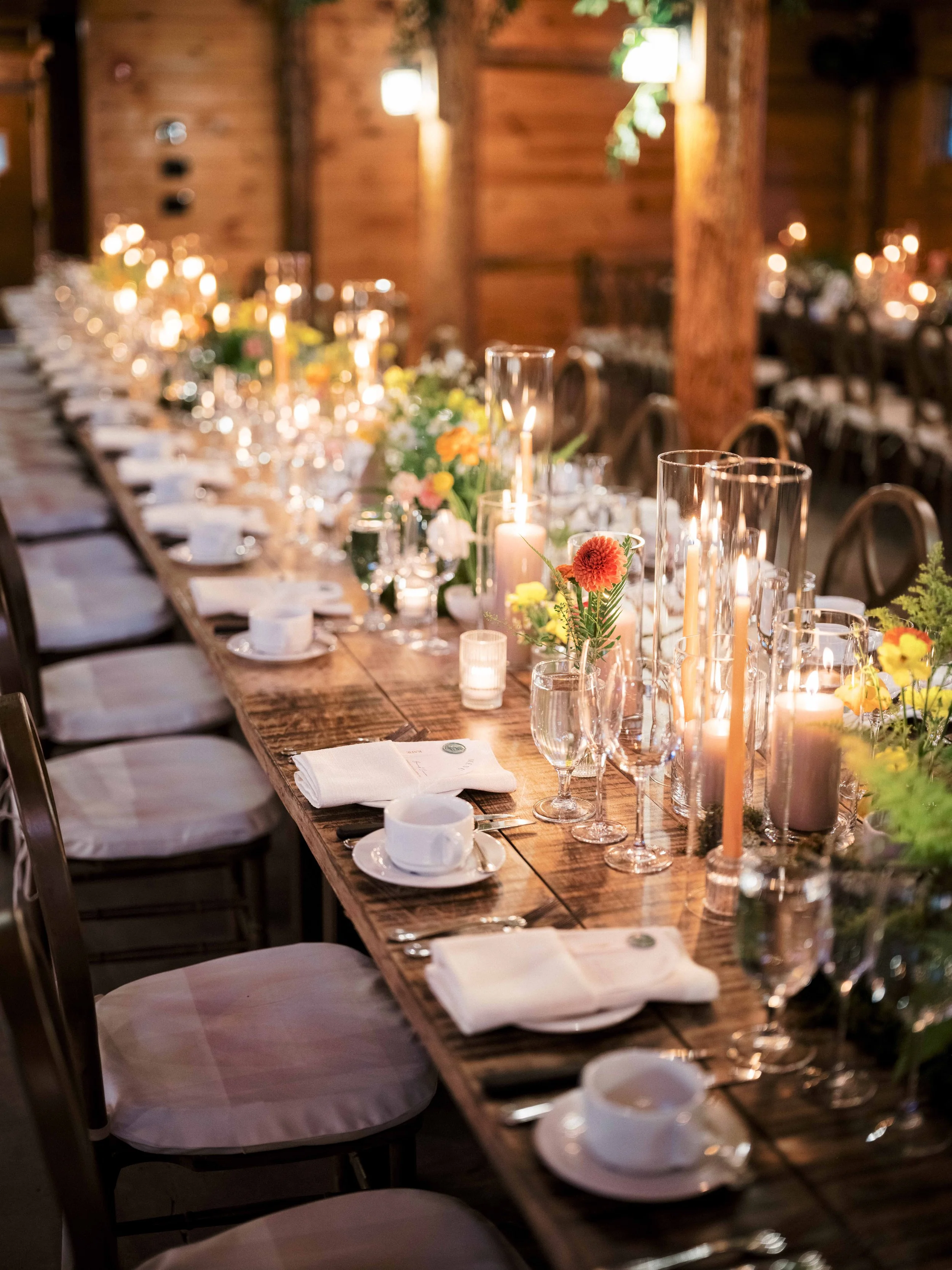 Long Reception Tables with Candlelight | White Birch Hall Wedding