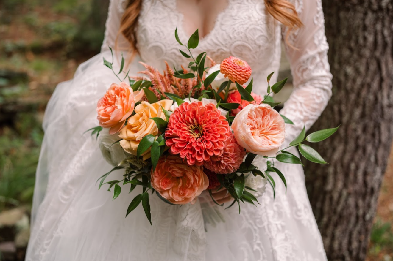 local summer blooms like celosia, garden roses, and zinnia
