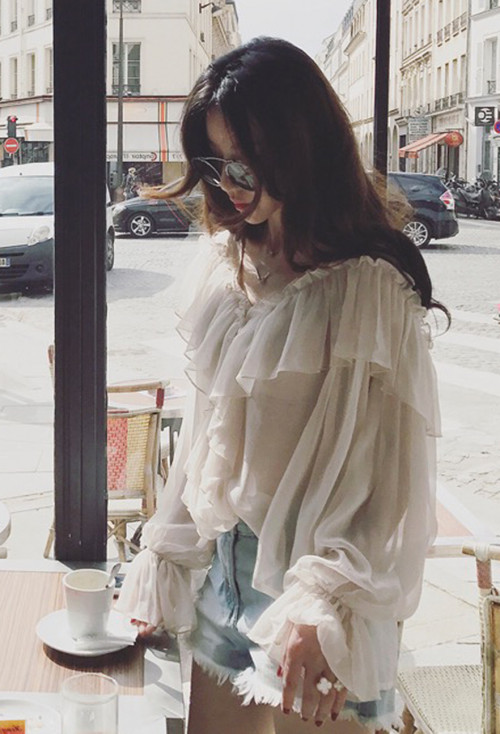 Romantic Ruffles V Neck Sheer Ivory Chiffon Blouse Chiffon Top.png
