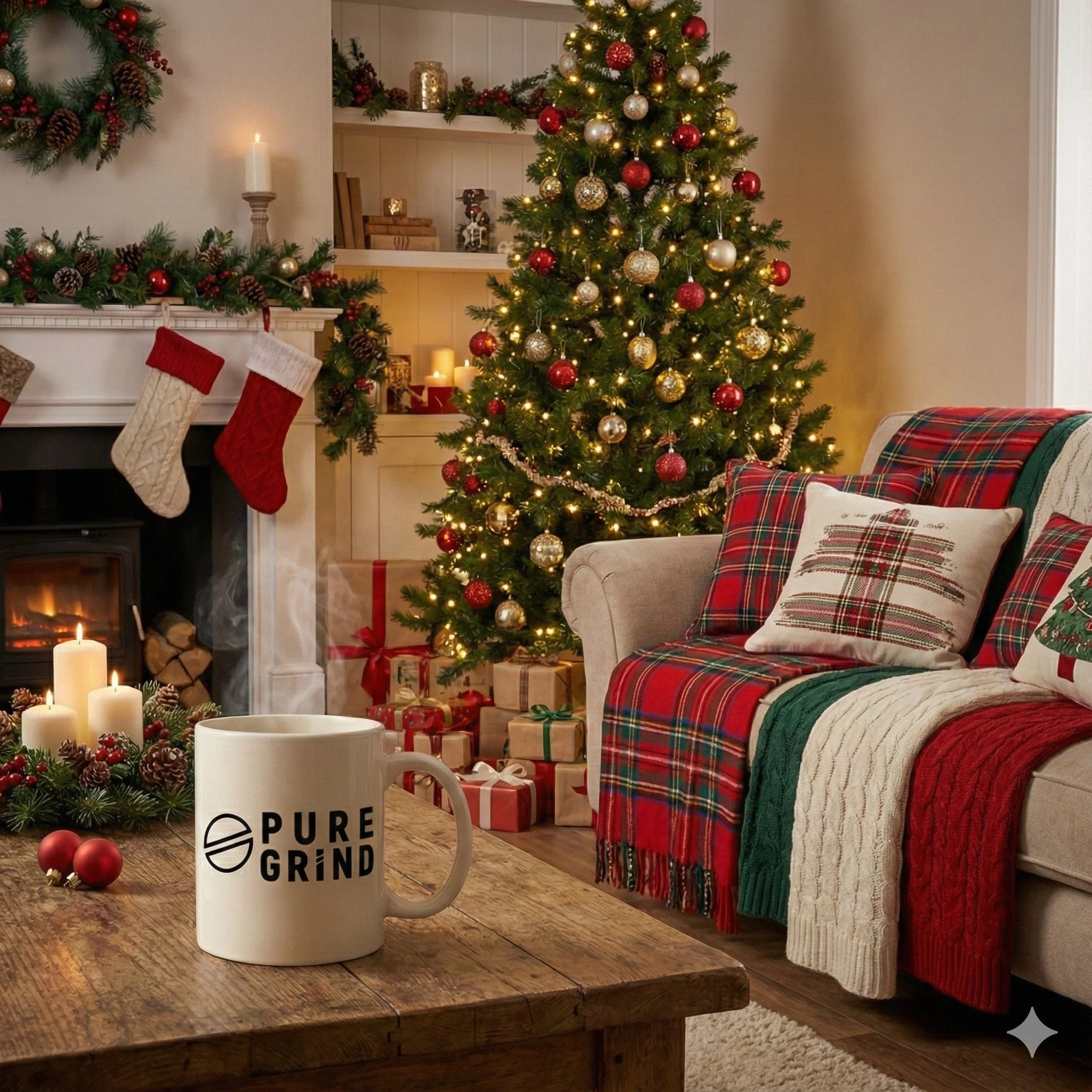 This 👉 hot cup of Pure Grind coffee,
You 👉 cozy in our favorite spot,
And a glowing Christmas tree in the background&hellip;
Yep, that&rsquo;s the recipe for a perfect December moment. 🎄☕❤️