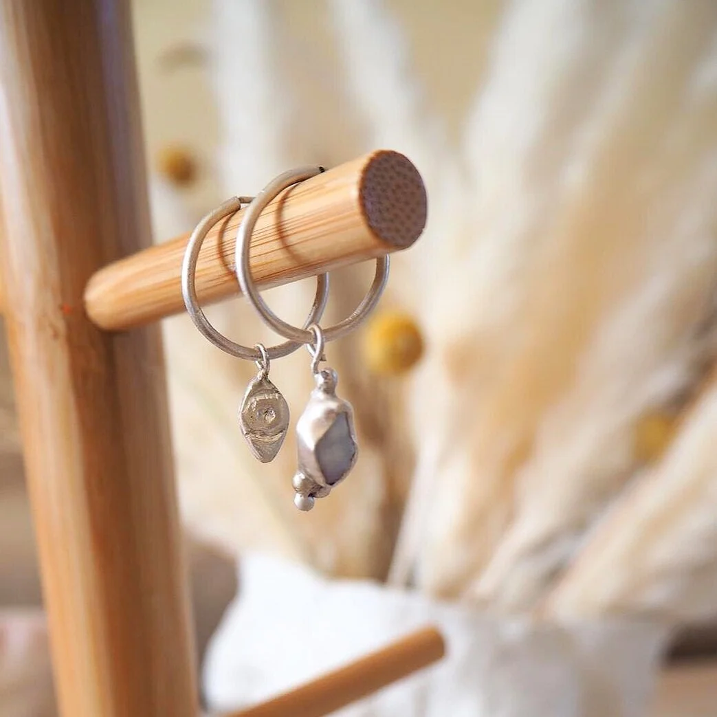 Silver Hoops with Evil Eye Charm and Fluorite Crystal