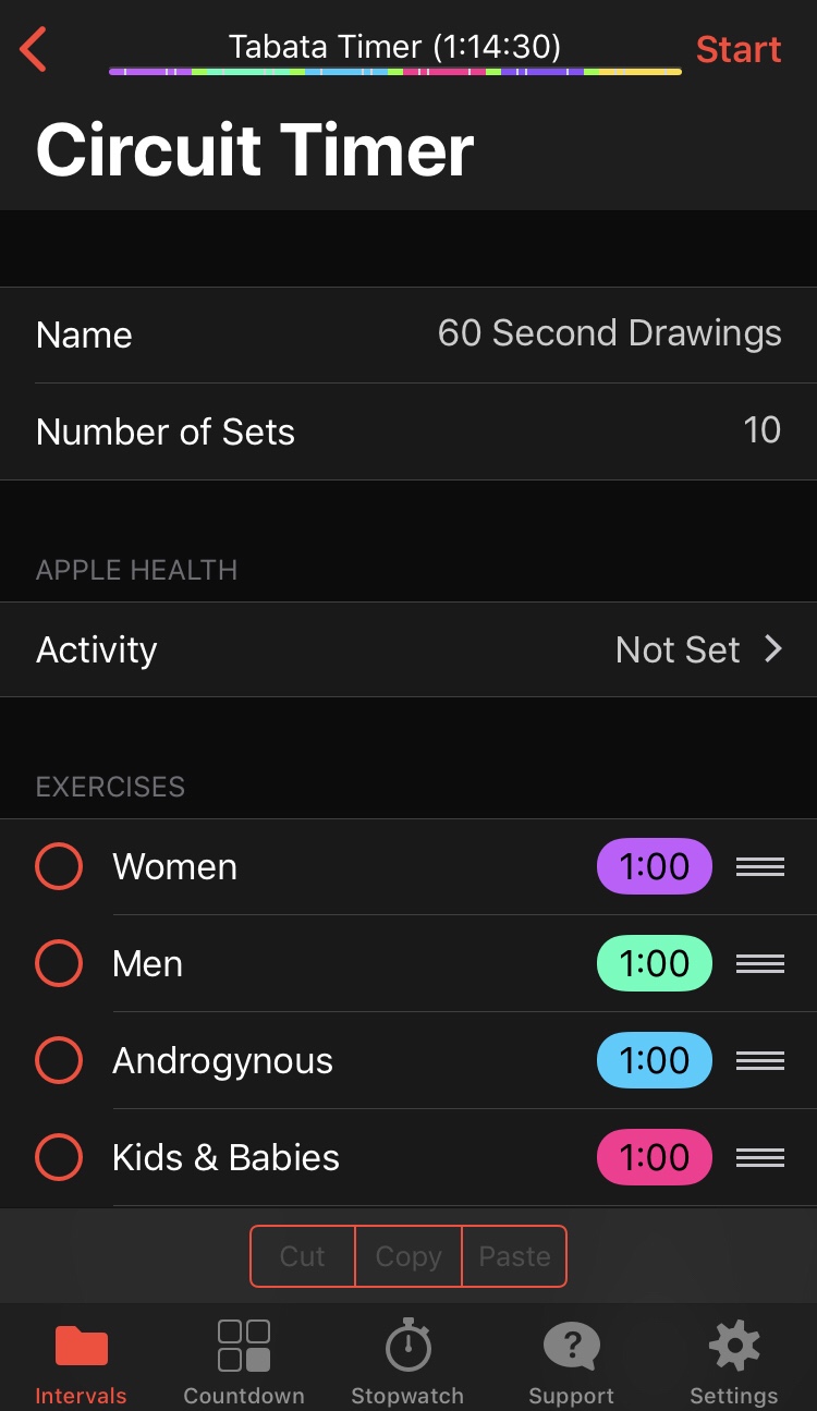 Screenshot of a drawing practice setup in the Seconds interval timer application