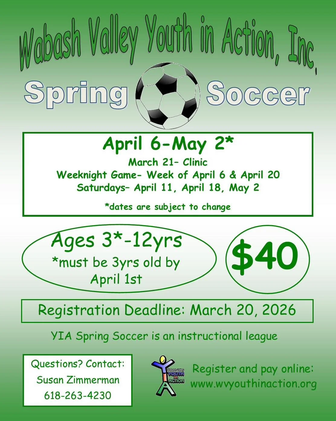 A generous donor enabled us to lower the Spring Soccer Registration fee! 

Registration Deadline is March 20th!

https://www.wvyouthinaction.org/spring-soccer-2026