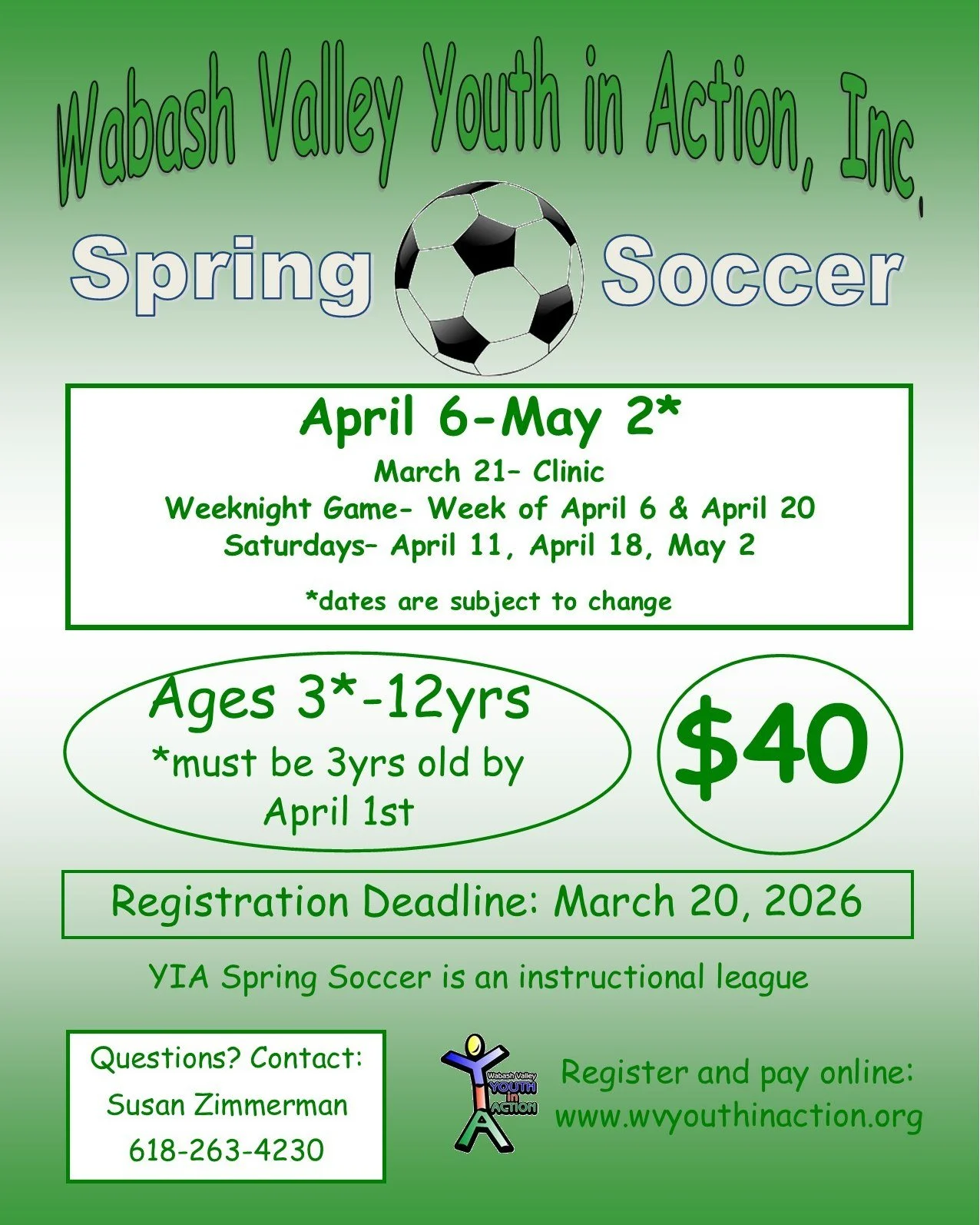 Register for YIA Spring Soccer TODAY!

https://www.wvyouthinaction.org/spring-soccer-2026
