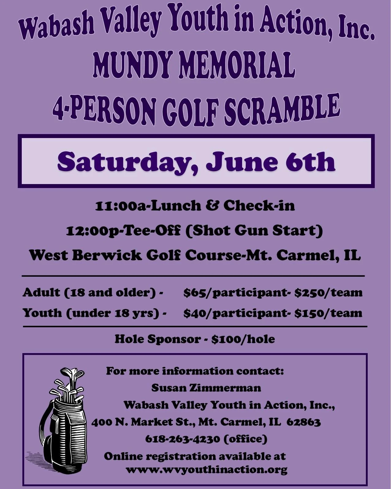 one, two, three, FORE!!!

Look out!!

The Mundy Memorial Golf Scramble is Saturday, June 6th.  Register as a team or an individual today! Special pricing for youth golfers!

https://www.wvyouthinaction.org/yia-mundy-memorial-golf-scramble