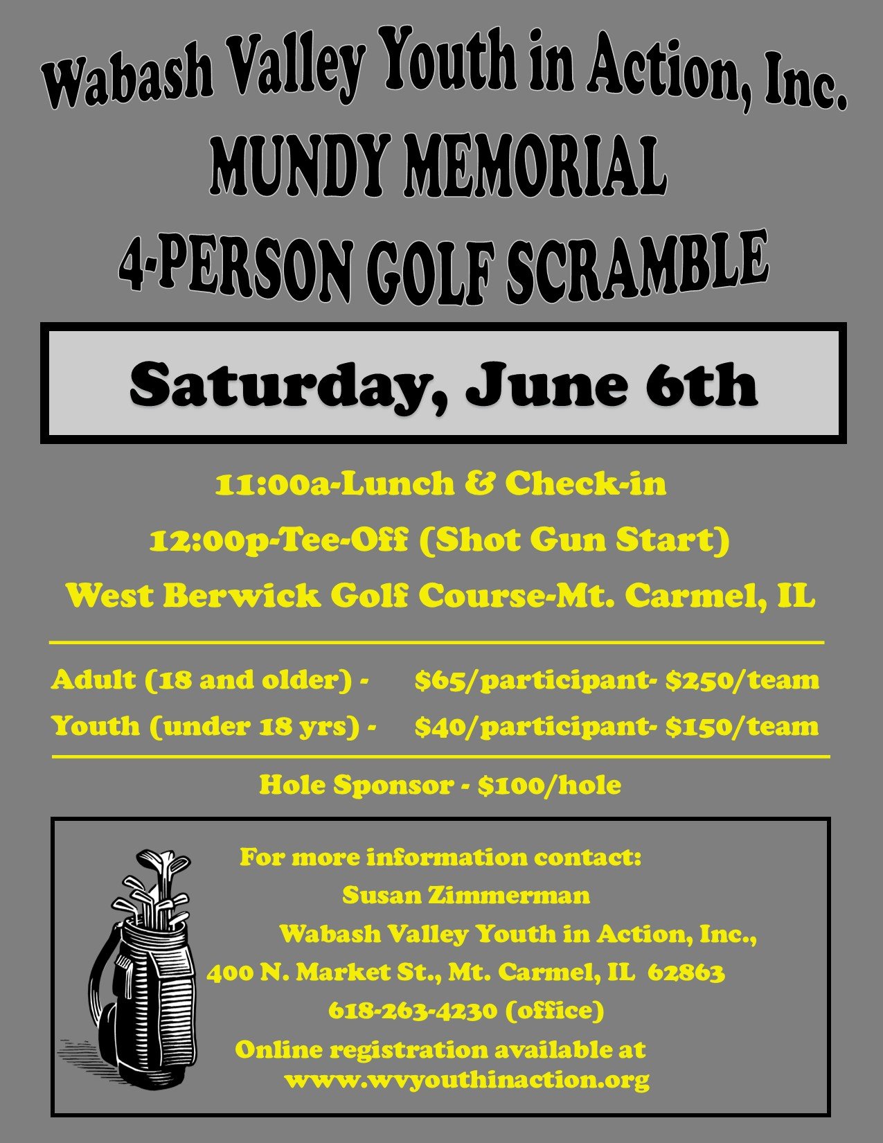 It's Wednesday and the weekend is in sight! 

What do you like to do on the weekend? GOLF, you say?! 

Well, treat yourself to a day of golfing on Saturday, June 6th!  Register for the YIA Mundy Memorial Golf Scramble!

https://www.wvyouthinaction.or
