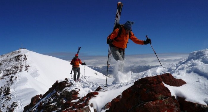 The author and Dick Jackson, one of America’s greatest Mountain Guides, head out the Highlands Ridge above Aspen into Dick’s terrain for a day of touring. Photo by the great Slovenian Alpinist and Mountain Guide, Marko Prezejl.