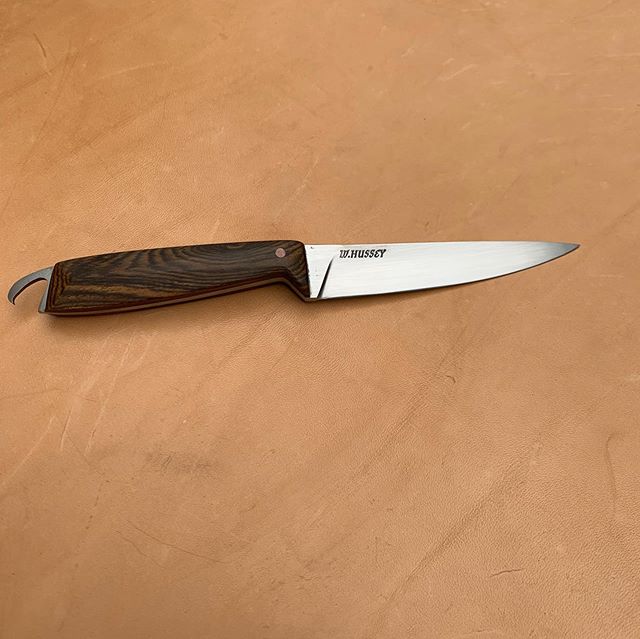 A little paring knife I finished up a while ago. It has got a bottle opener on the back. One copper pin complemented by a bocote handle. 3/16 0-1 tool steel so you have a little weight in the back to push through harder foods. Over all turned out gre