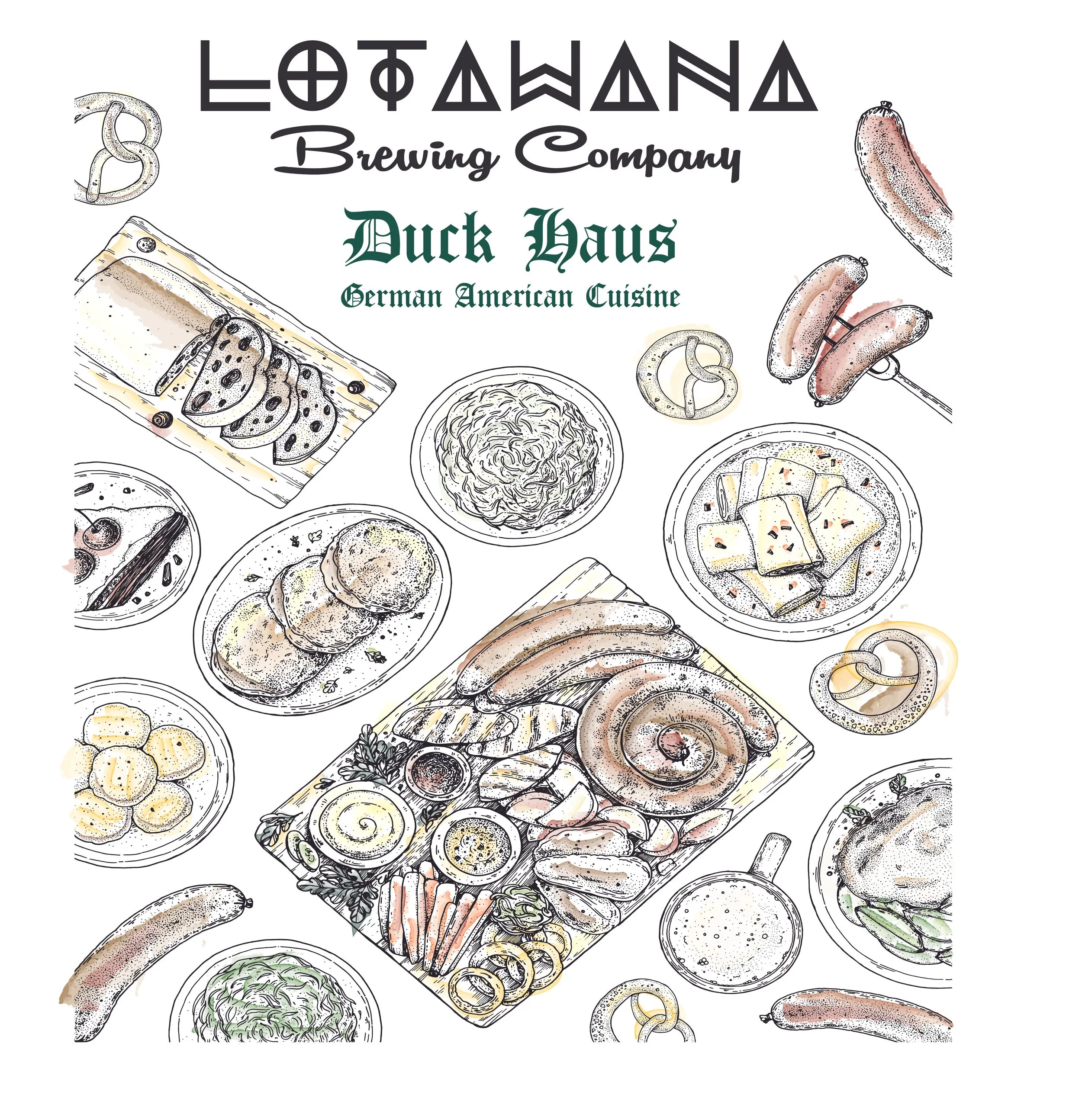 Illustration of German-American cuisine with various dishes including sausages, cheese, bread, potatoes, and sauerkraut, with the text 'Loeffler Brewing Company Duck Haus Germany American Cuisine' at the top.