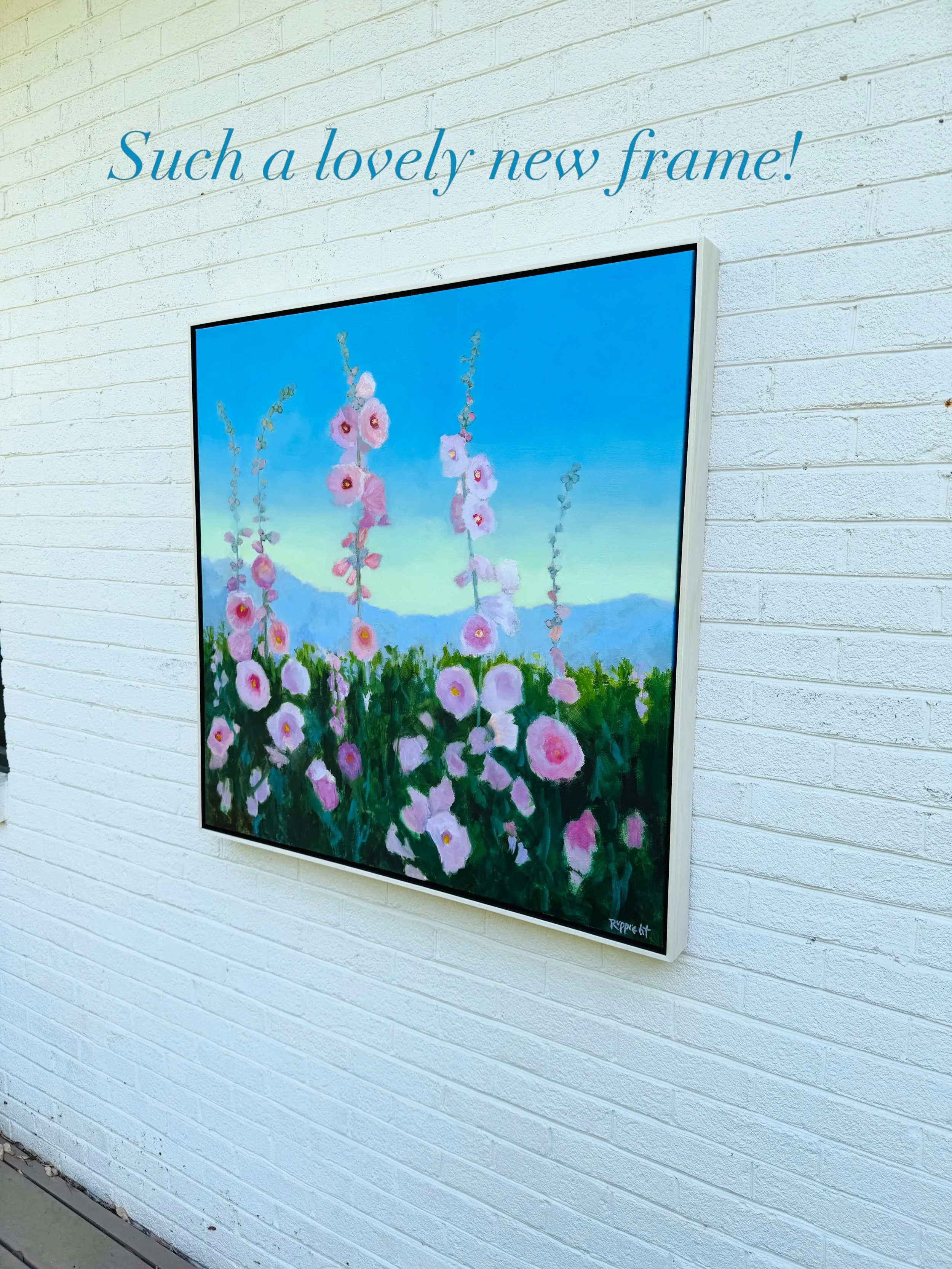 The right frame completes and enhances a painting. Shout out to the talented Dusti Jensen @edgystitches for creating the perfect finishing touch for &ldquo;Hollyhocks at Twilight.&rdquo;