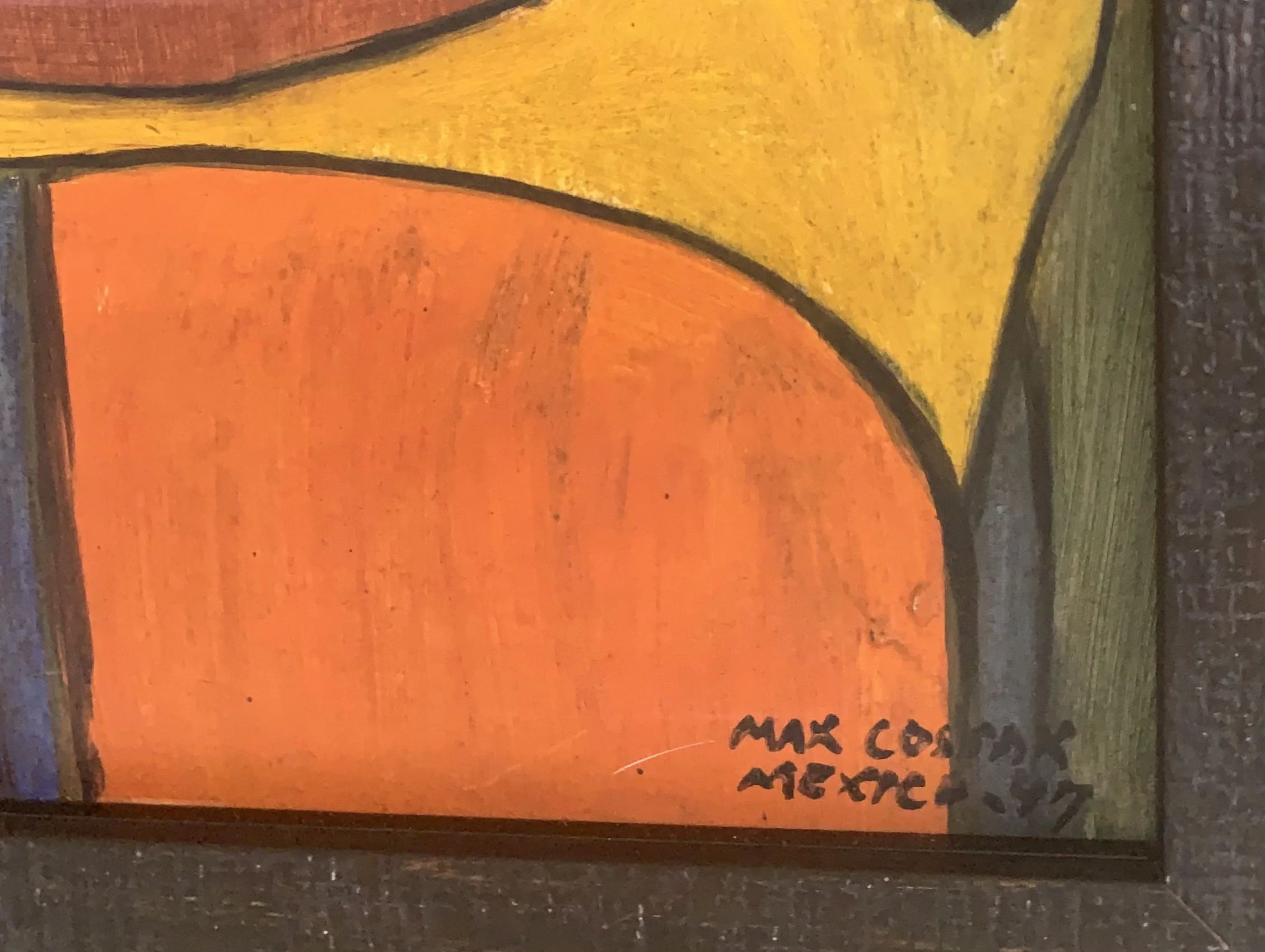 Detail of ‘Reclining Nude in the Studio’ (1947) by Max Cossack, a framed oil painting showing the artist's signature.