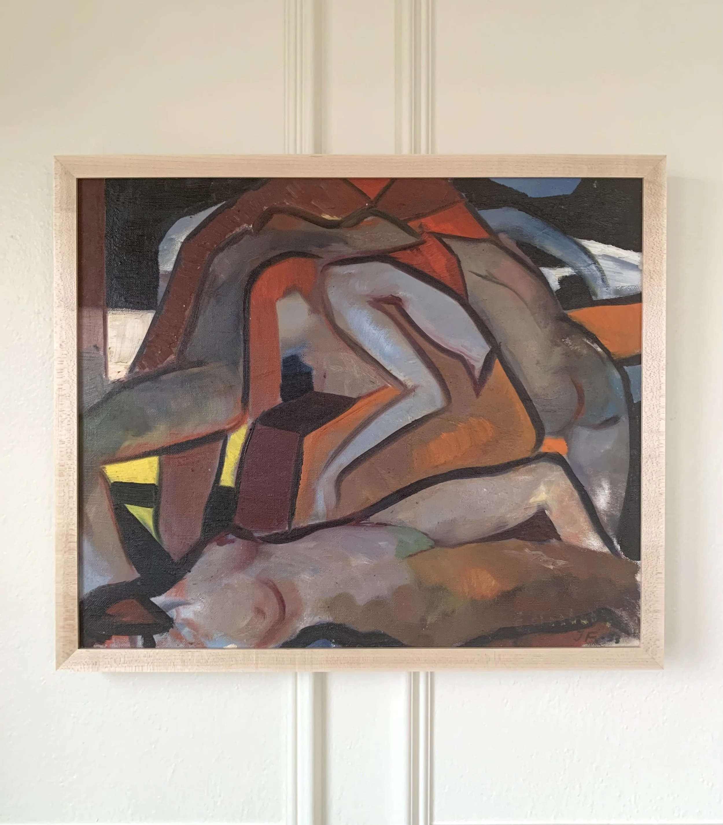 ‘Nude Lovers’ (1953) a framed oil painting by Swedish Modernist Jorgen Fogelqvist showing overlapping, abstract colorful nude figures.