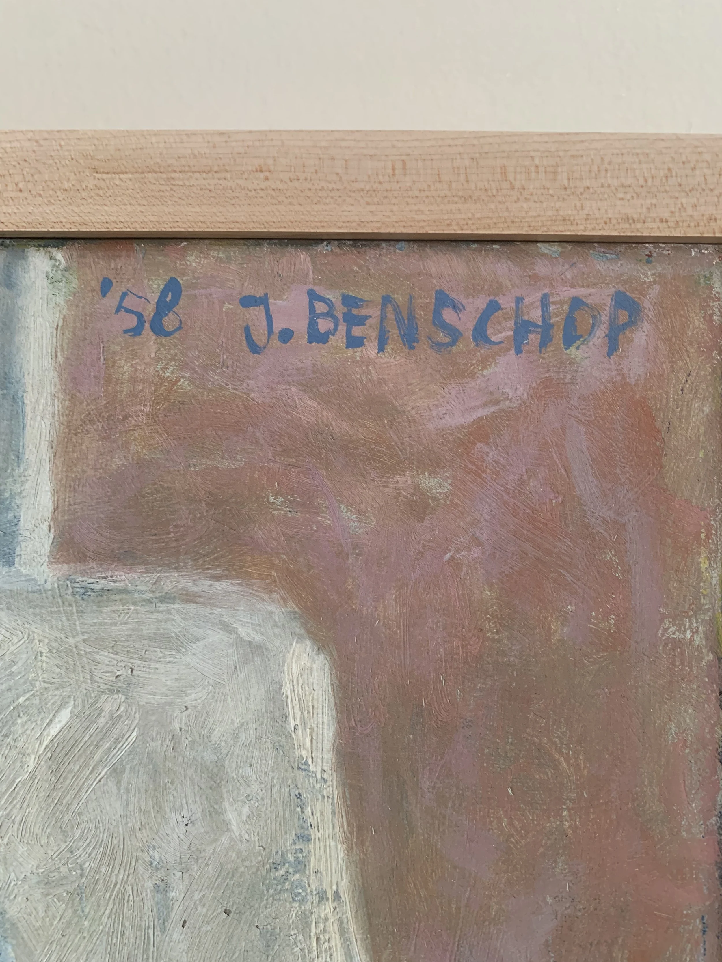 Detail of ‘Lemons and Pears’ (ca. 1960s) by Jaap Benschop, a framed oil painting, showing the artist's signature.