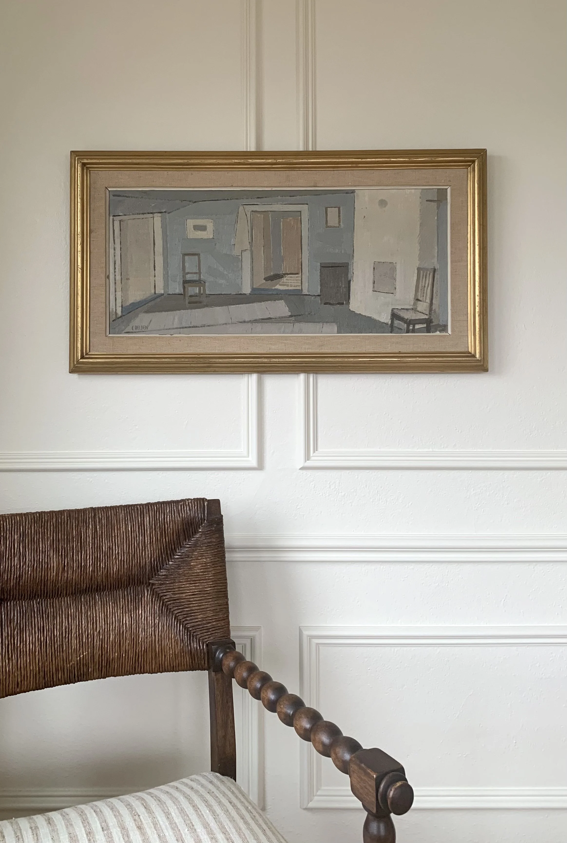 Detail of ‘The Apartment’ (ca. 1960s) by Carl Delden, a framed Modernist oil painting, depicting the painting hanging on a wall in a room.