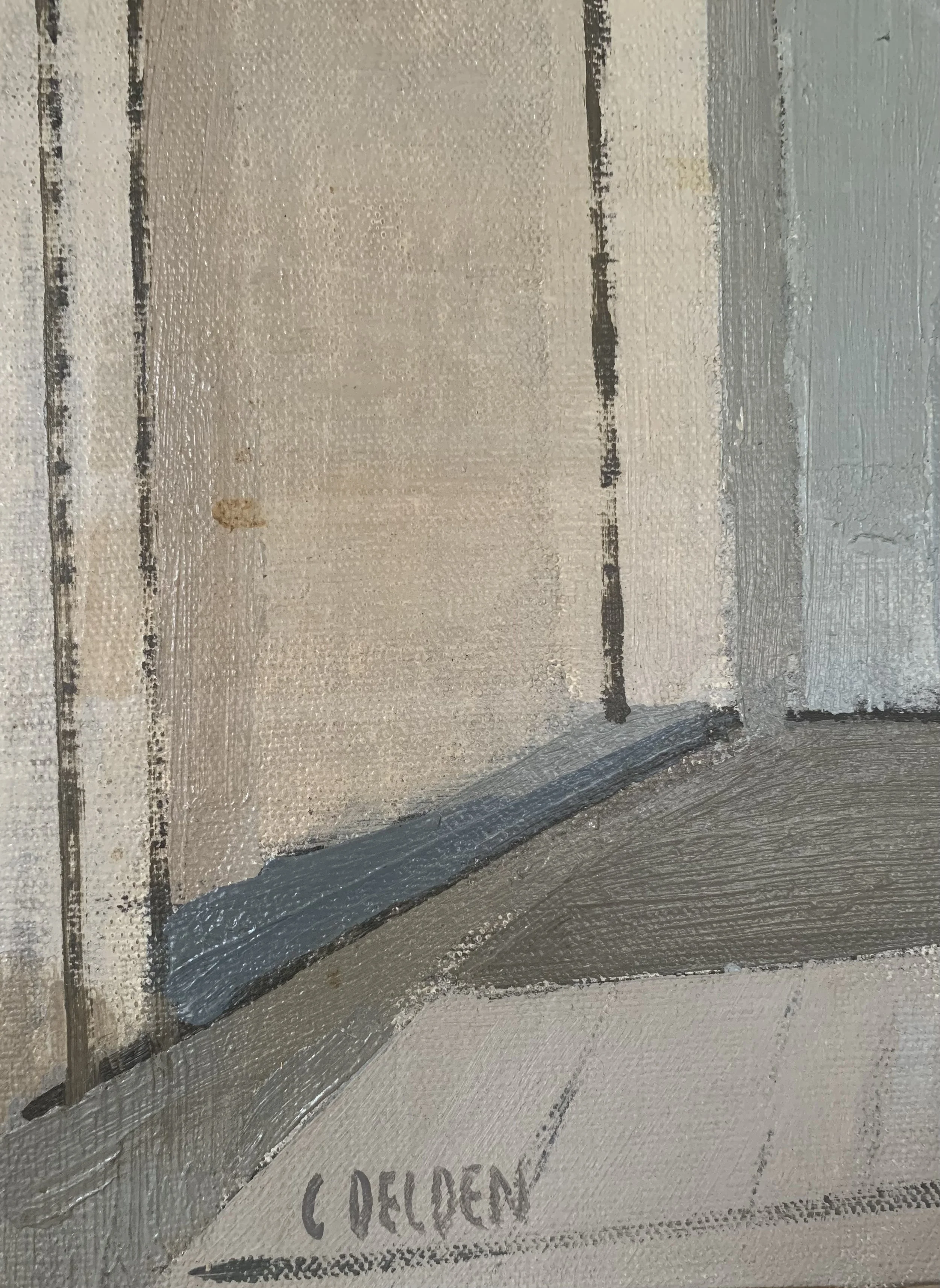 Detail of ‘The Apartment’ (ca. 1960s) by Carl Delden, a framed Modernist oil painting, depicting the artist's signature as well as the texture and brushwork of the painting surface.