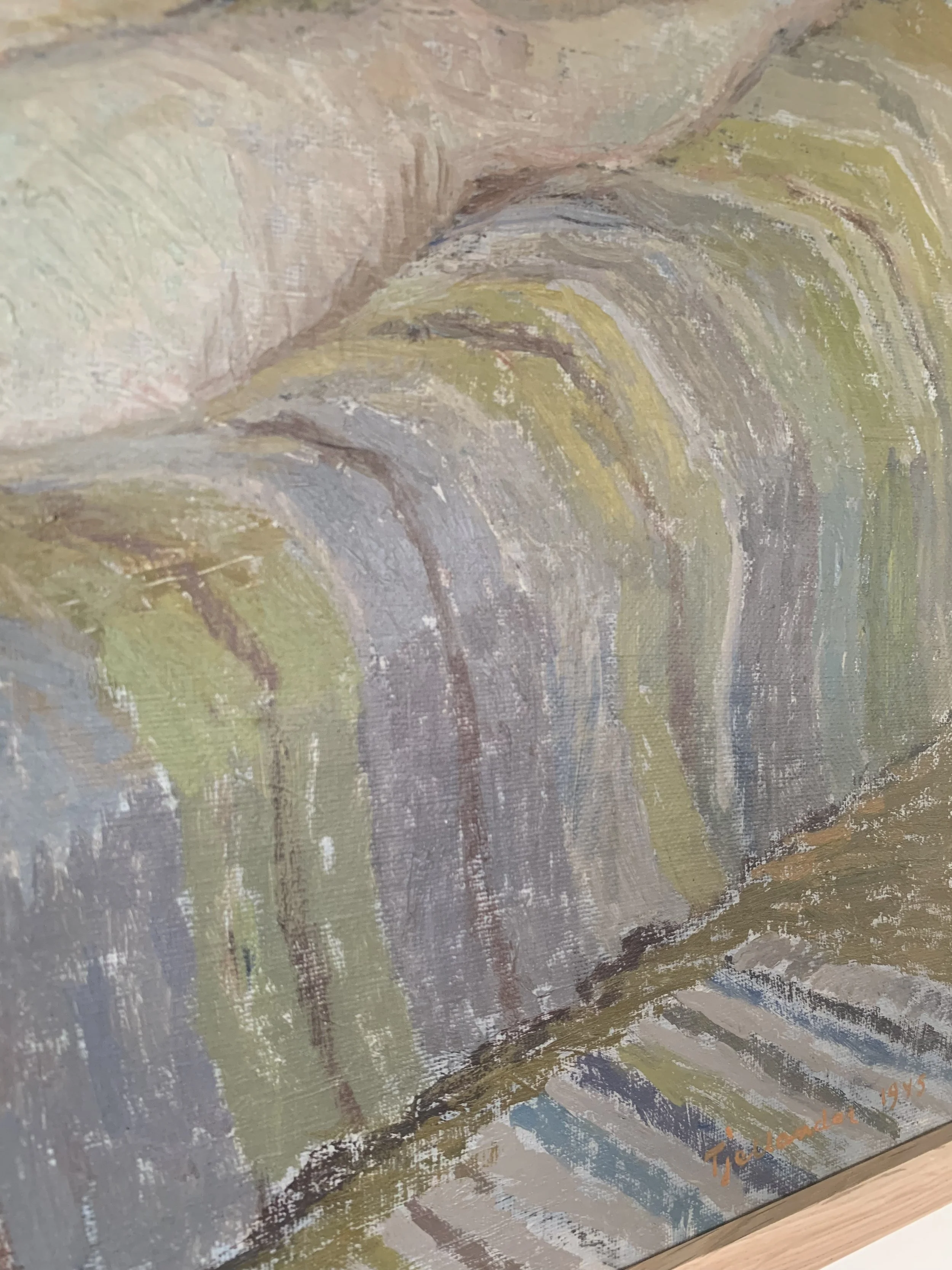 Detail of ‘Reclining Woman’ (1945) by Sune Tjellander, a framed oil painting showing the texture and brushwork of the painting surface.