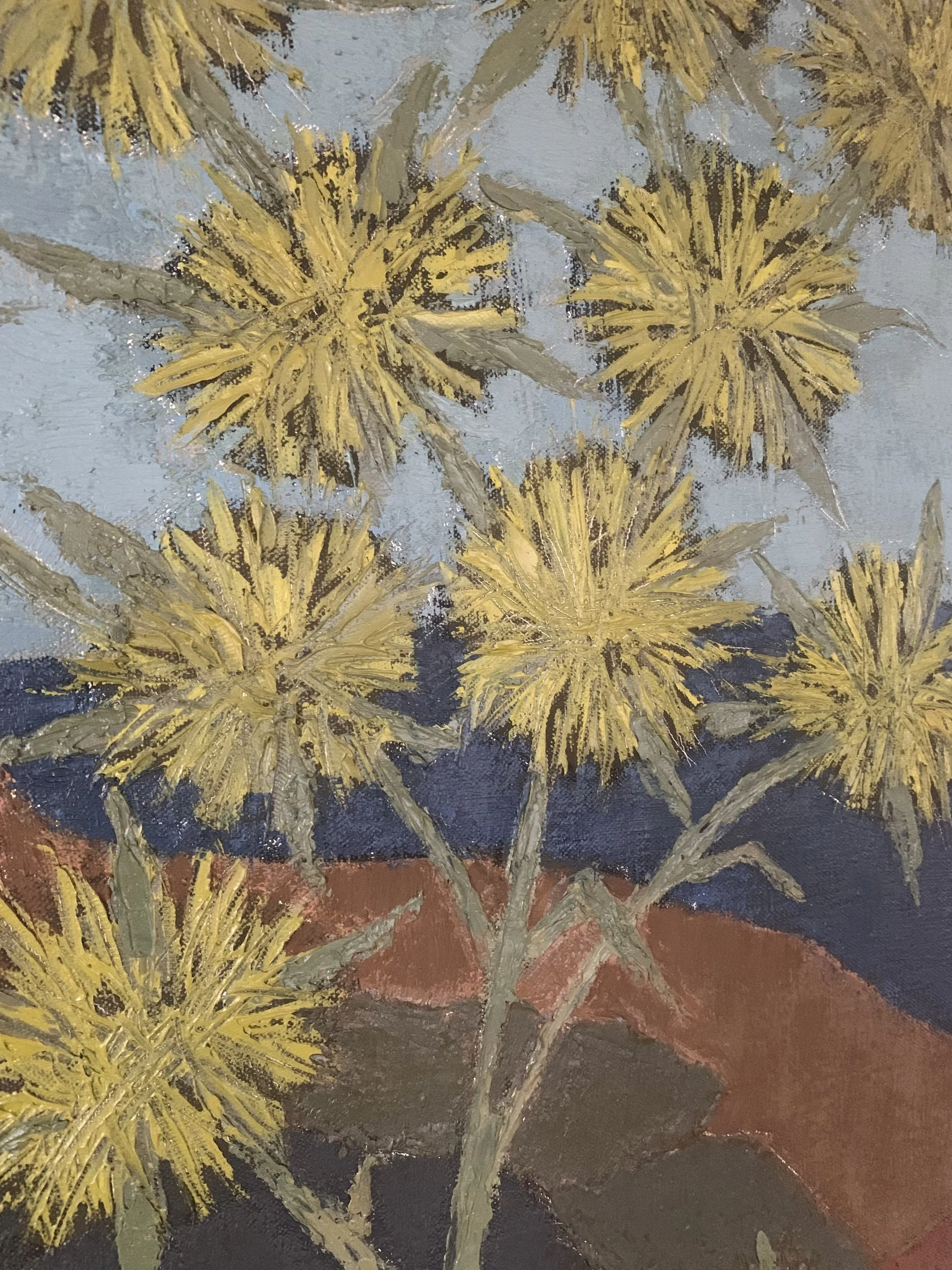 Detail of ‘Thistle II’ (1952) by Marit Wahlstrom Schonback, a framed oil painting, showing the texture and brushwork of the painting surface.