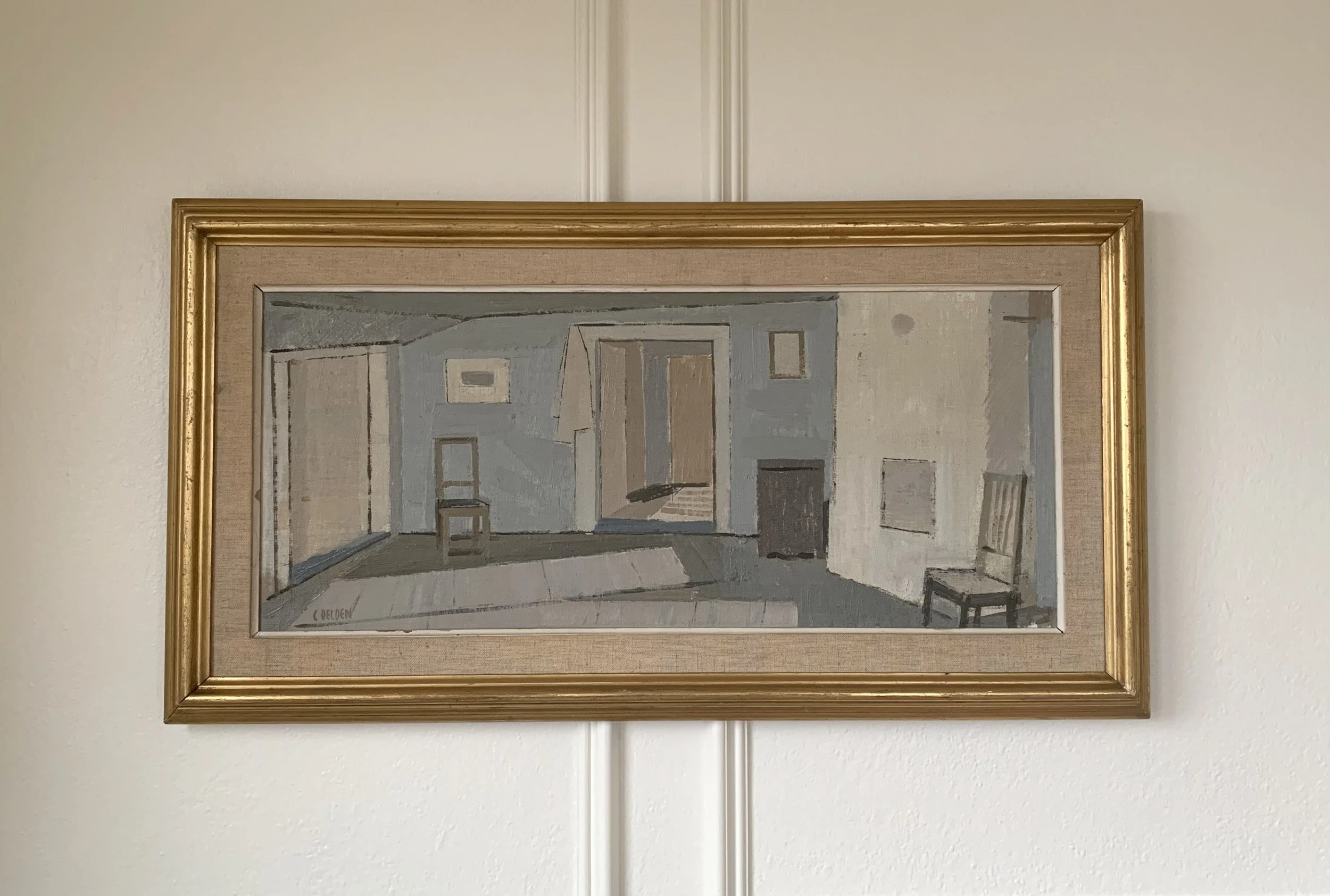 ‘The Apartment’ (ca. 1960s) by Carl Delden, a framed Modernist oil painting depicting an interior scene of a small living room.