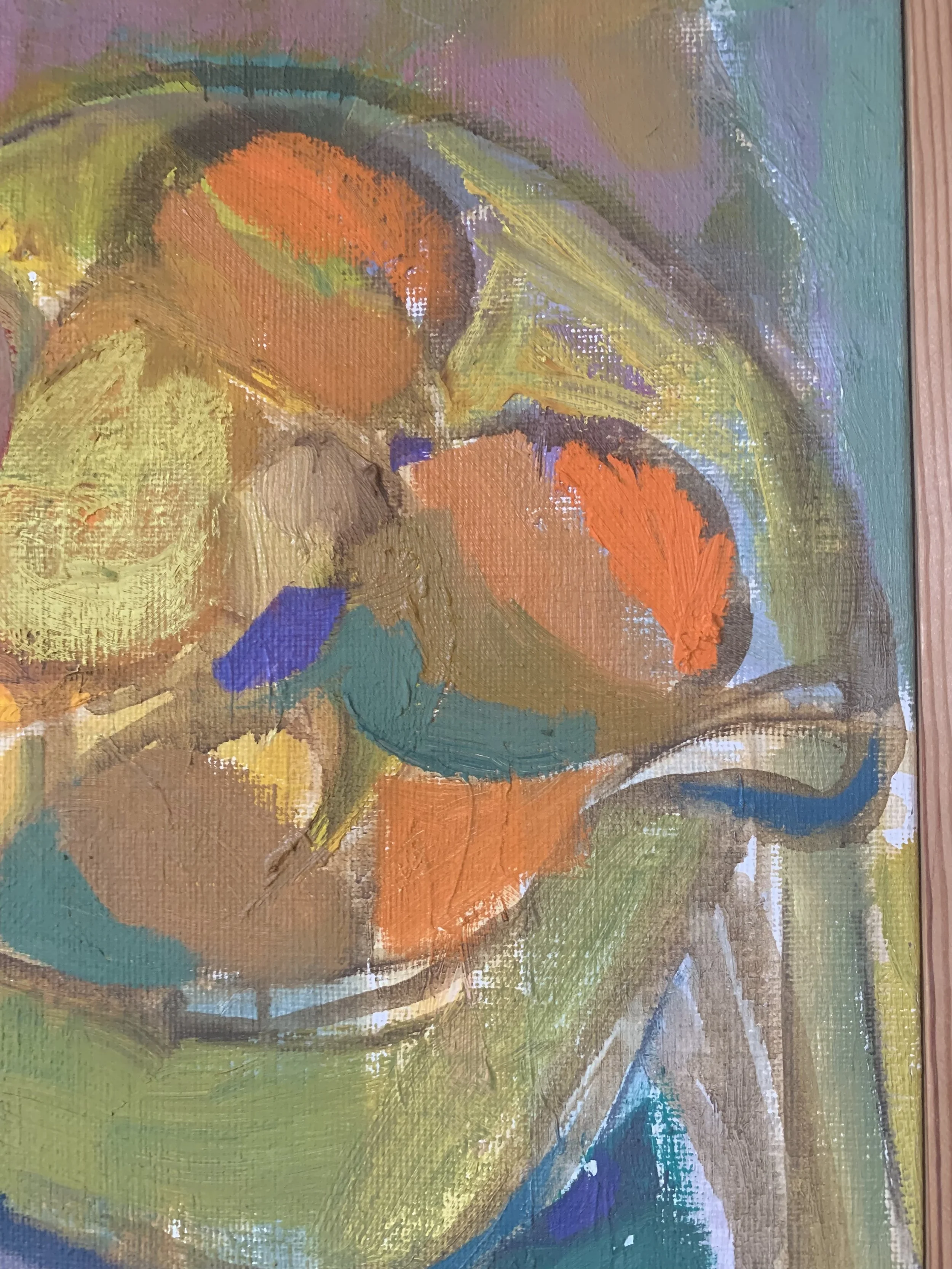 Detail of ‘Still Life with Oranges’ (1987) by Nita Borjeson, a framed oil painting of oranges in a bowl, showing the texture and brushwork of the lively painting style.