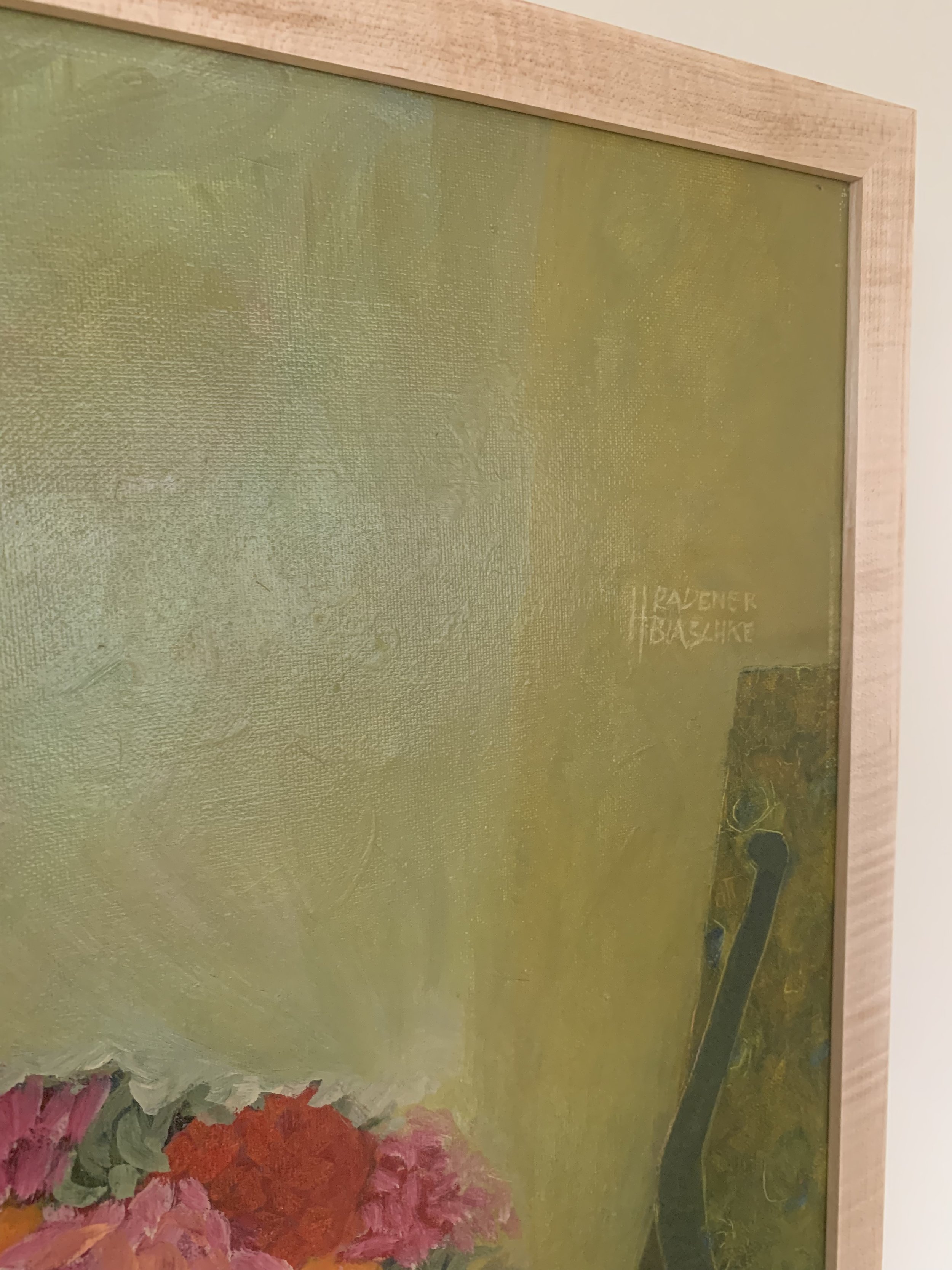 Detail of ‘Floral Still Life with Fruit’ (1982) by Helga Radener-Blaschke, showing the artist's signature.