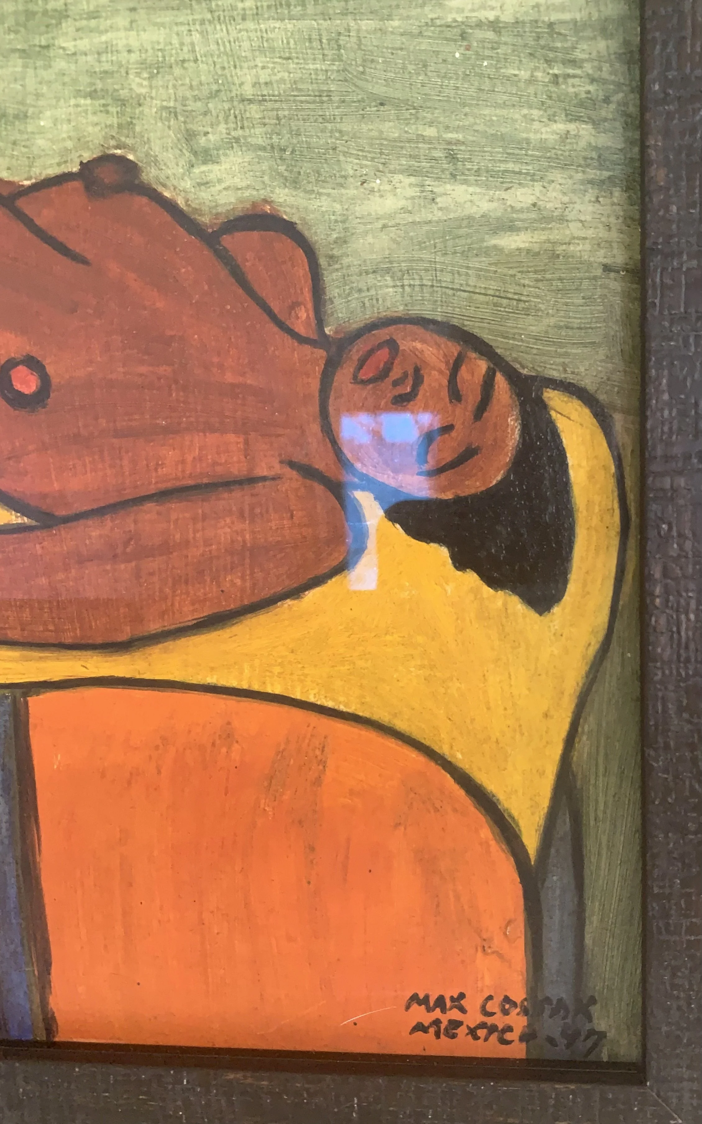 Detail of ‘Reclining Nude in the Studio’ (1947) by Max Cossack, a framed oil painting showing a closeup of the woman's face.