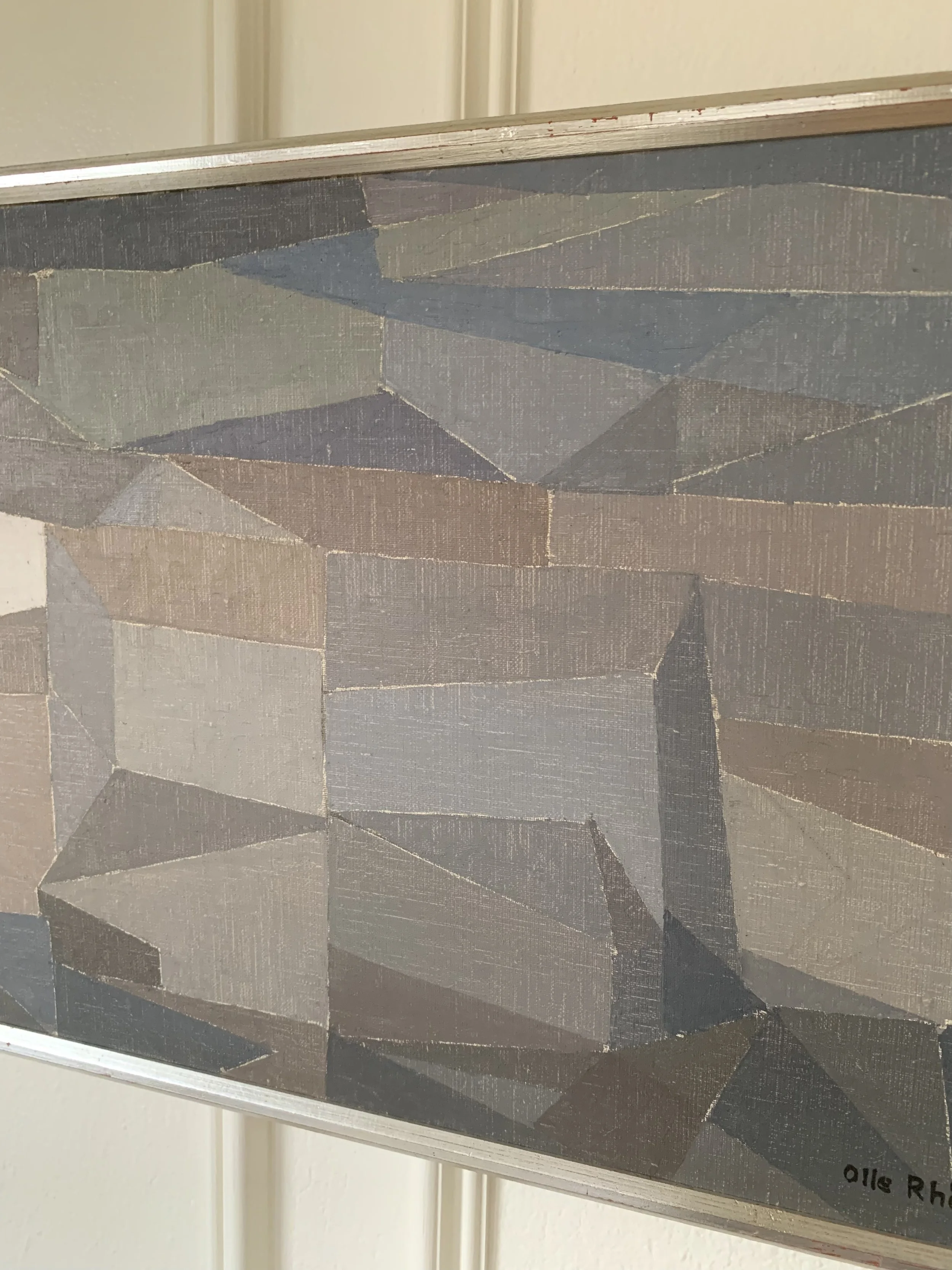 Detail of ‘Muted Cityscape’ (ca. 1950s) by Olle Rhonnstad, a framed Modernist oil painting showing the texture and brushwork of the painting surface.