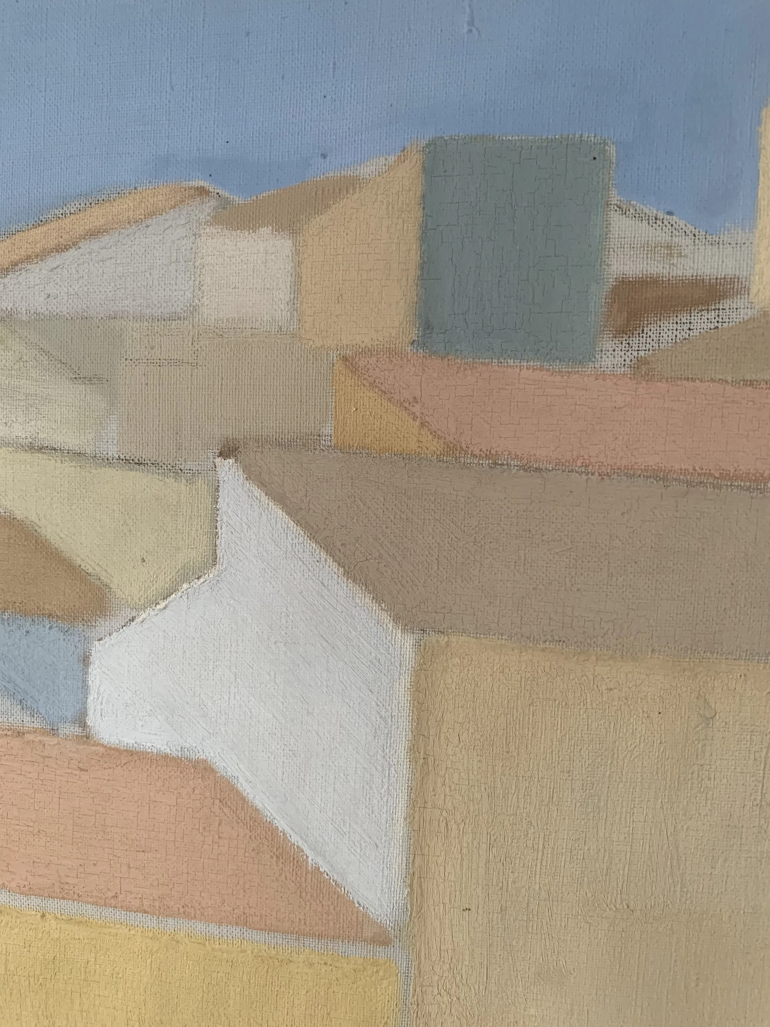 Detail of ‘Rooftop Cityscape’ (ca. 1950s) by Ingvar Elen, showing the colorful pastel palette.
