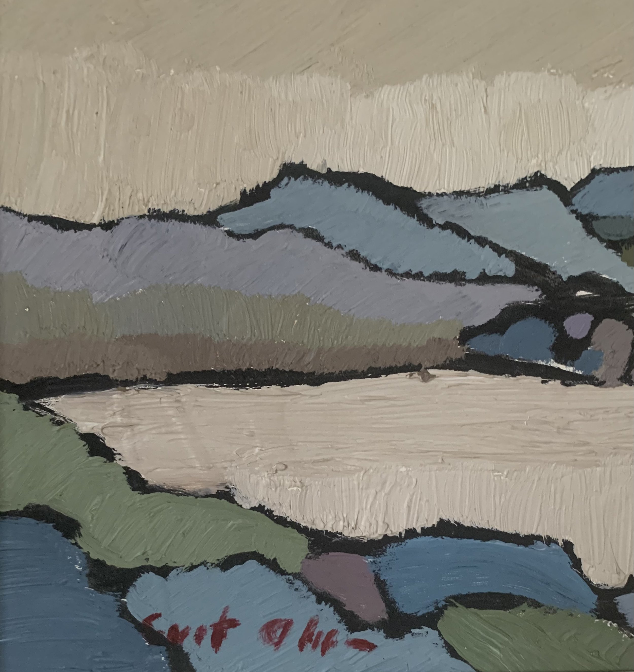 Detail of ‘Scandinavian Landscape in Blue and Green’ (ca. 1960) by Curt Olsson, showing the artist's signature.