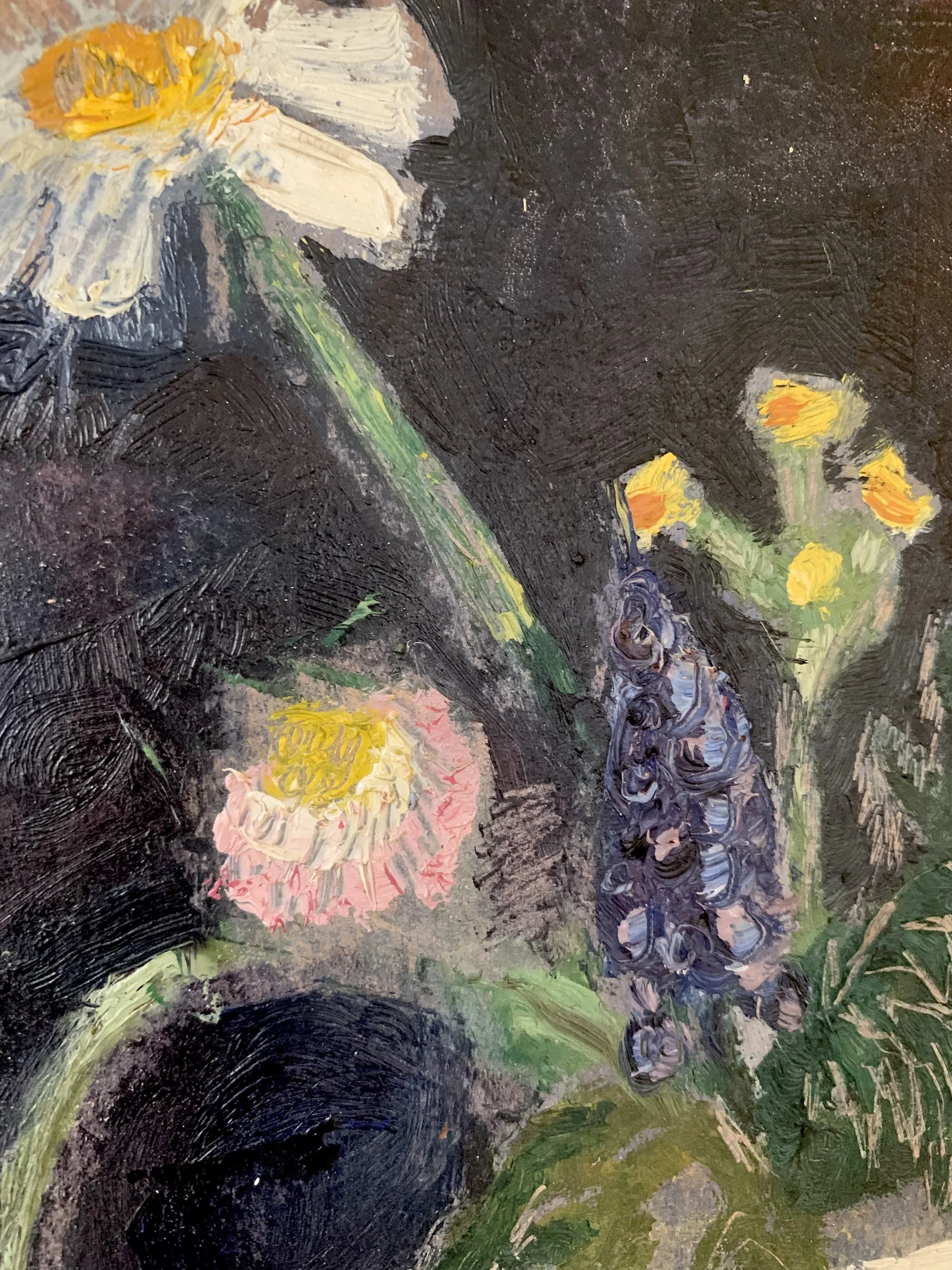 Detail of ‘Spring Bouquet Still Life’ (ca. 1950s), showing the texture and brushwork of the oil painting.
