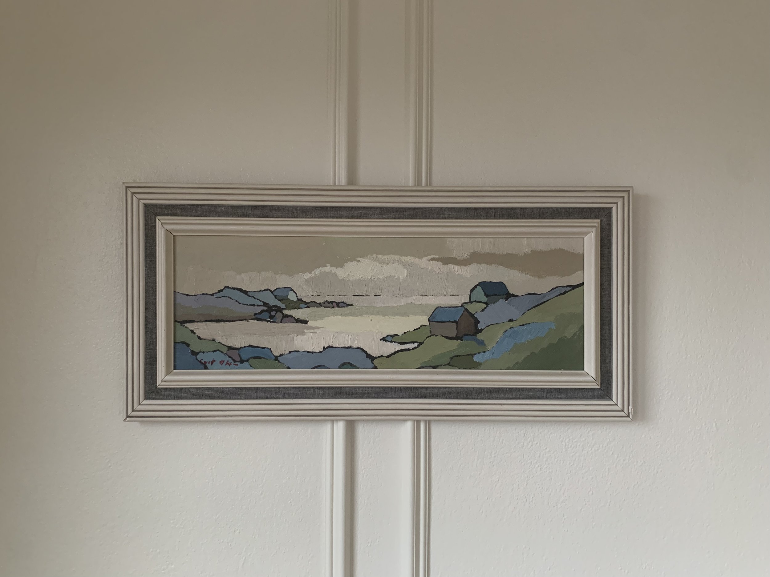 'Scandinavian Landscape in Blue and Green’ (ca. 1960), a framed landscape oil painting by Curt Olsson showing a tranquil coastal landscape.