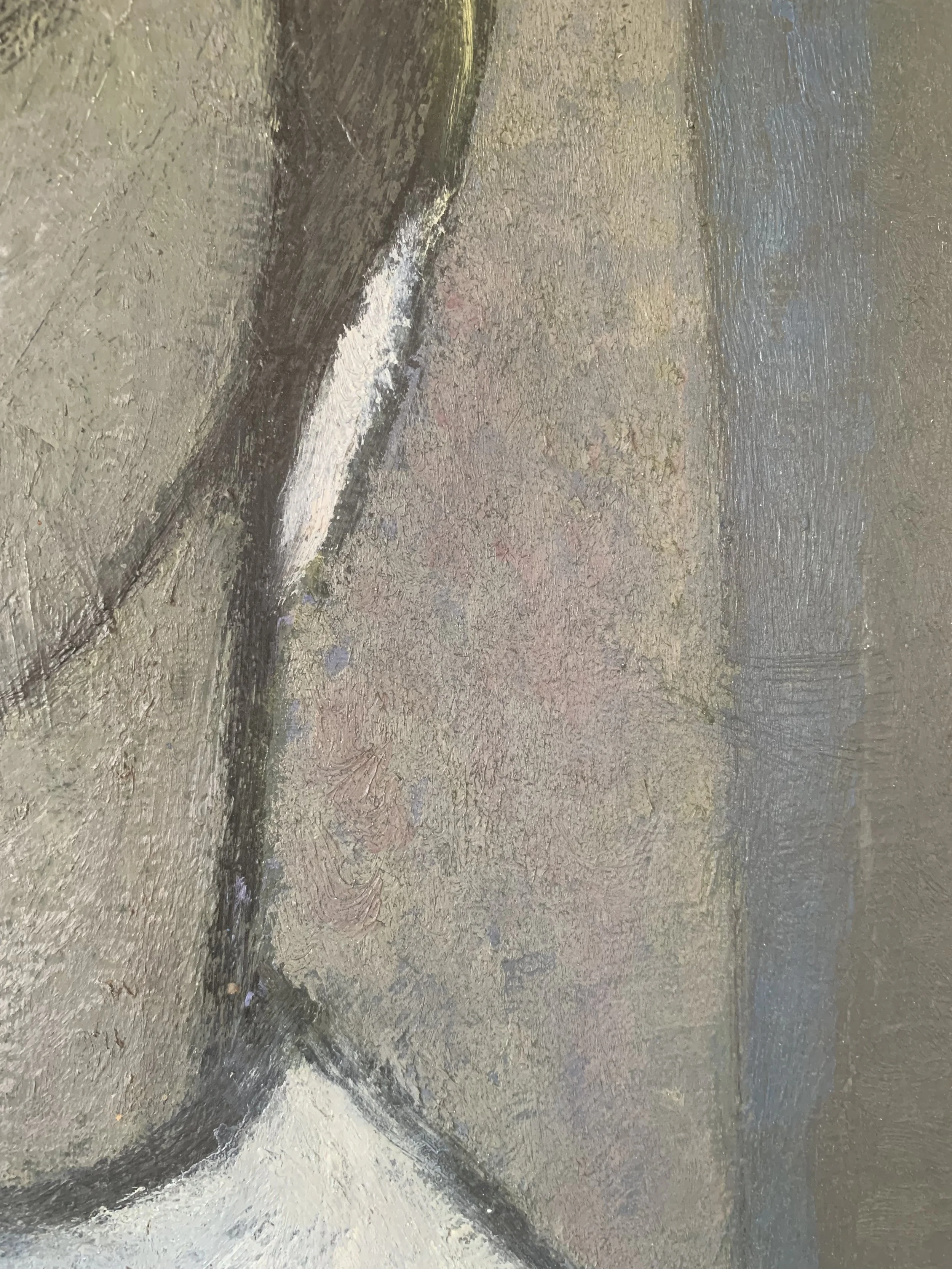 Detail of ‘Portrait of a Woman in White’ (ca. 1960s), a framed minimalist oil painting depicting the texture and brushwork of the painting surface.