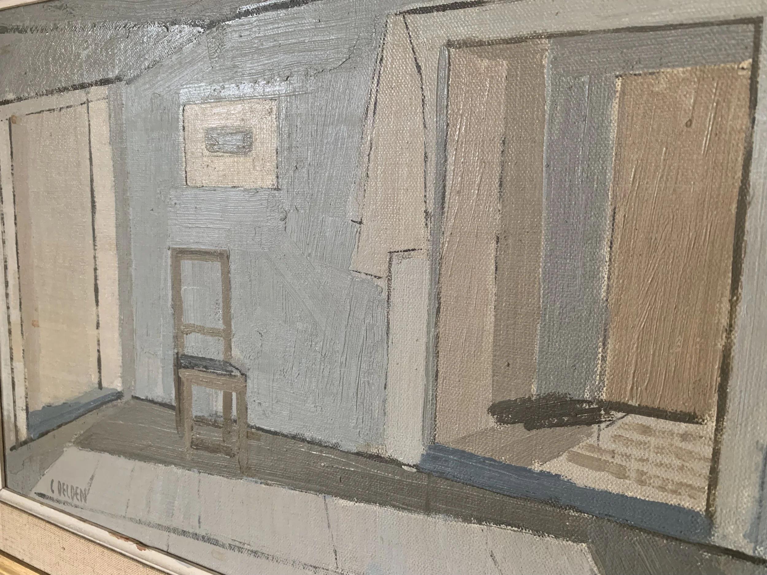 Detail of ‘The Apartment’ (ca. 1960s) by Carl Delden, a framed Modernist oil painting, depicting the texture and brushwork of the painting surface.