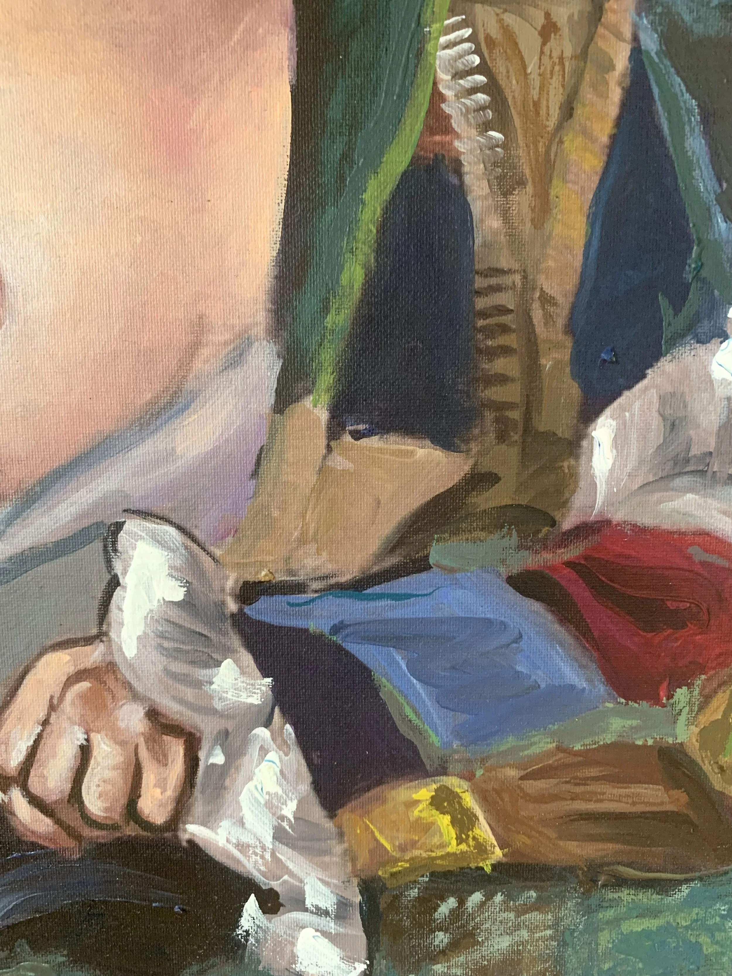 Detail of 'Figure in whimsical blouse’ (ca. 1950s), showing the texture and brushwork of the oil painting.