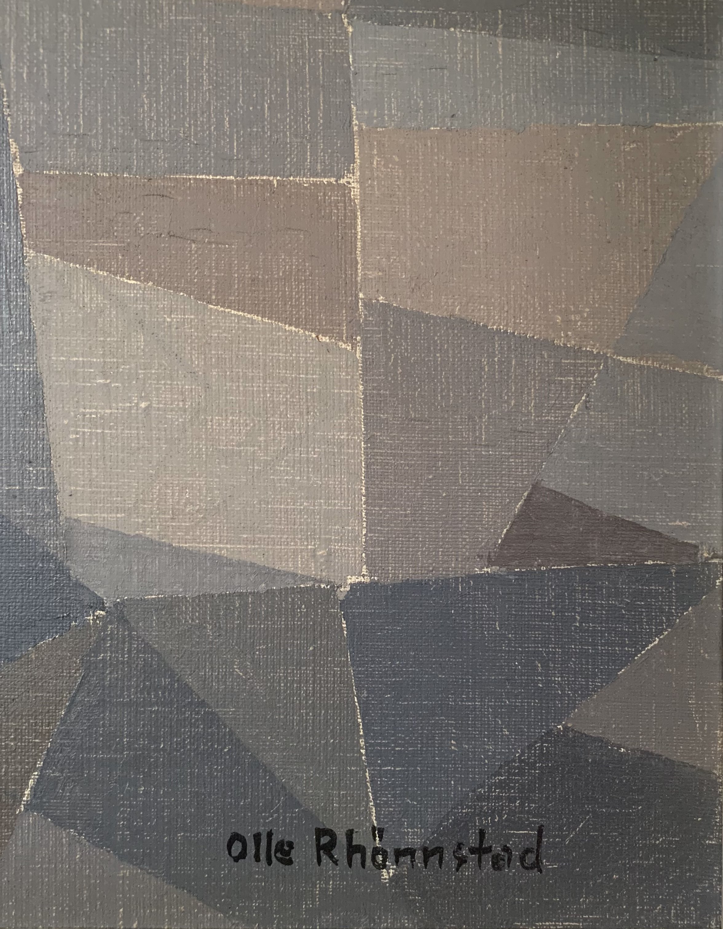 Detail of ‘Muted Cityscape’ (ca. 1950s) by Olle Rhonnstad, a framed Modernist oil painting showing the artist's signature as well as the muted color palette.