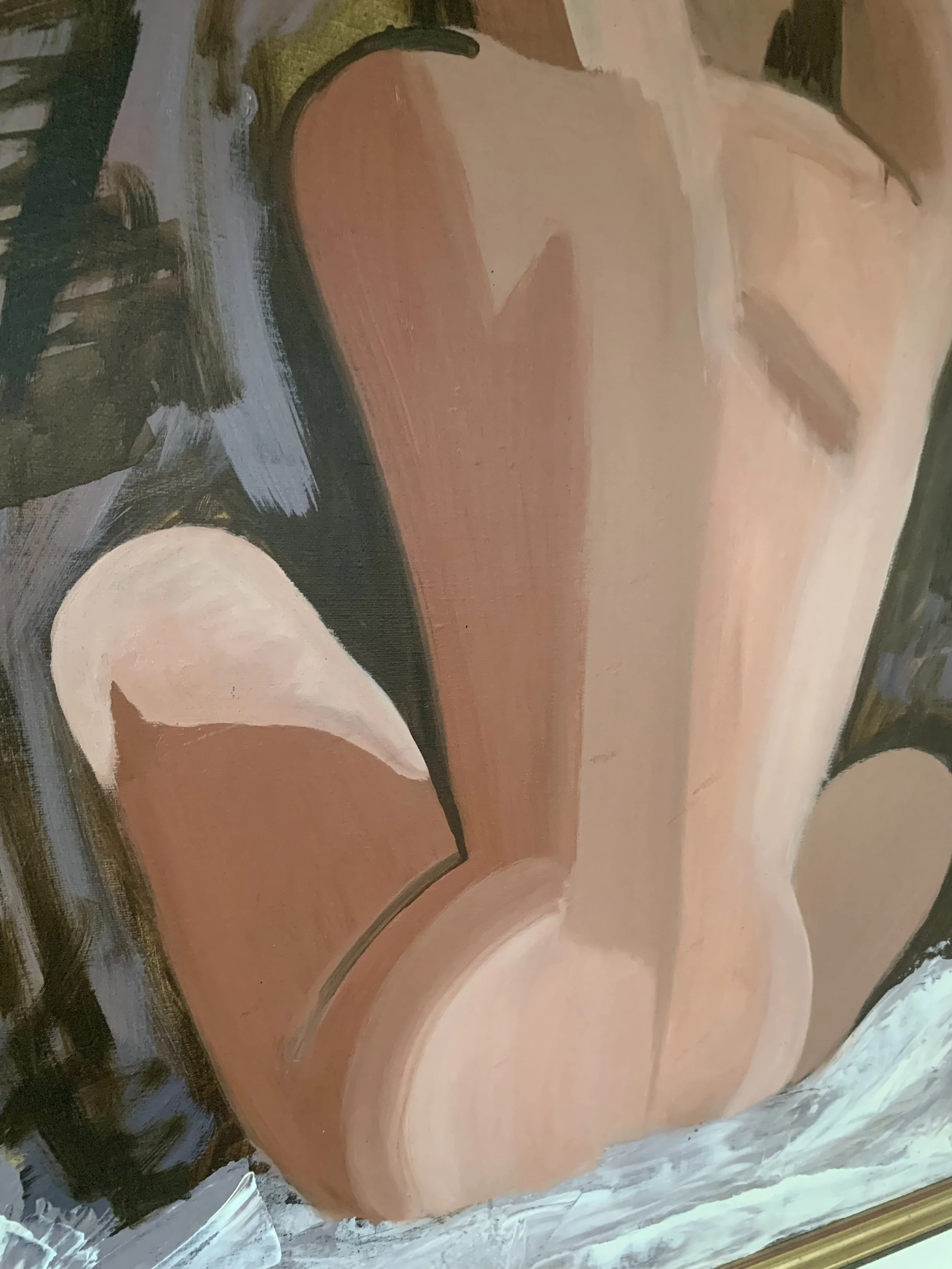 Detail of ‘Model Study’ (ca. 1960s), a framed oil painting depicting a female nude from the back while she is sitting.