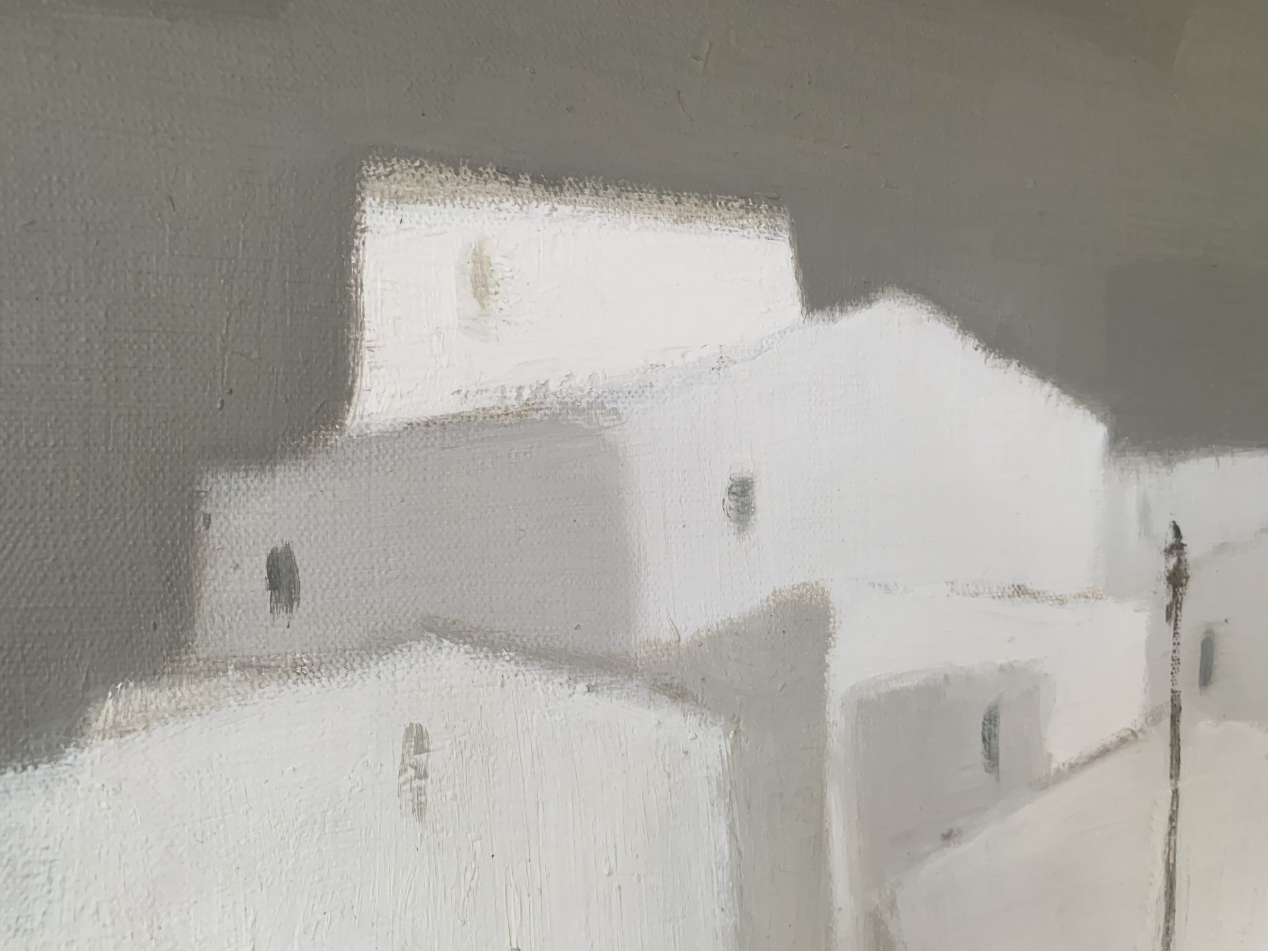 Detail of ‘Spanish Village’ (ca. 1960s) by Fabian Lundqvist showing the texture and brushwork of the oil painting.