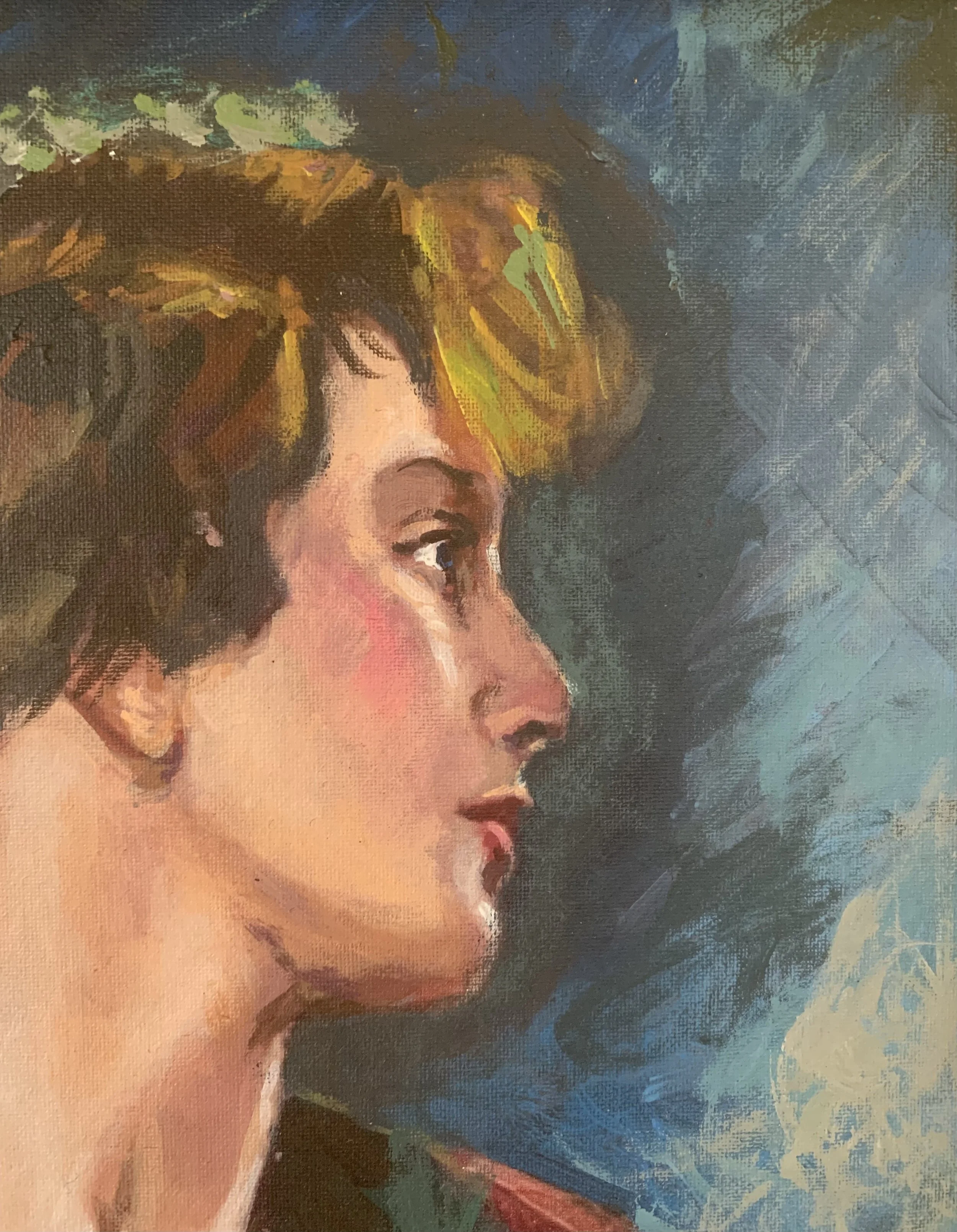 Detail of 'Figure in whimsical blouse’ (ca. 1950s), showing the texture and brushwork of the woman's face..