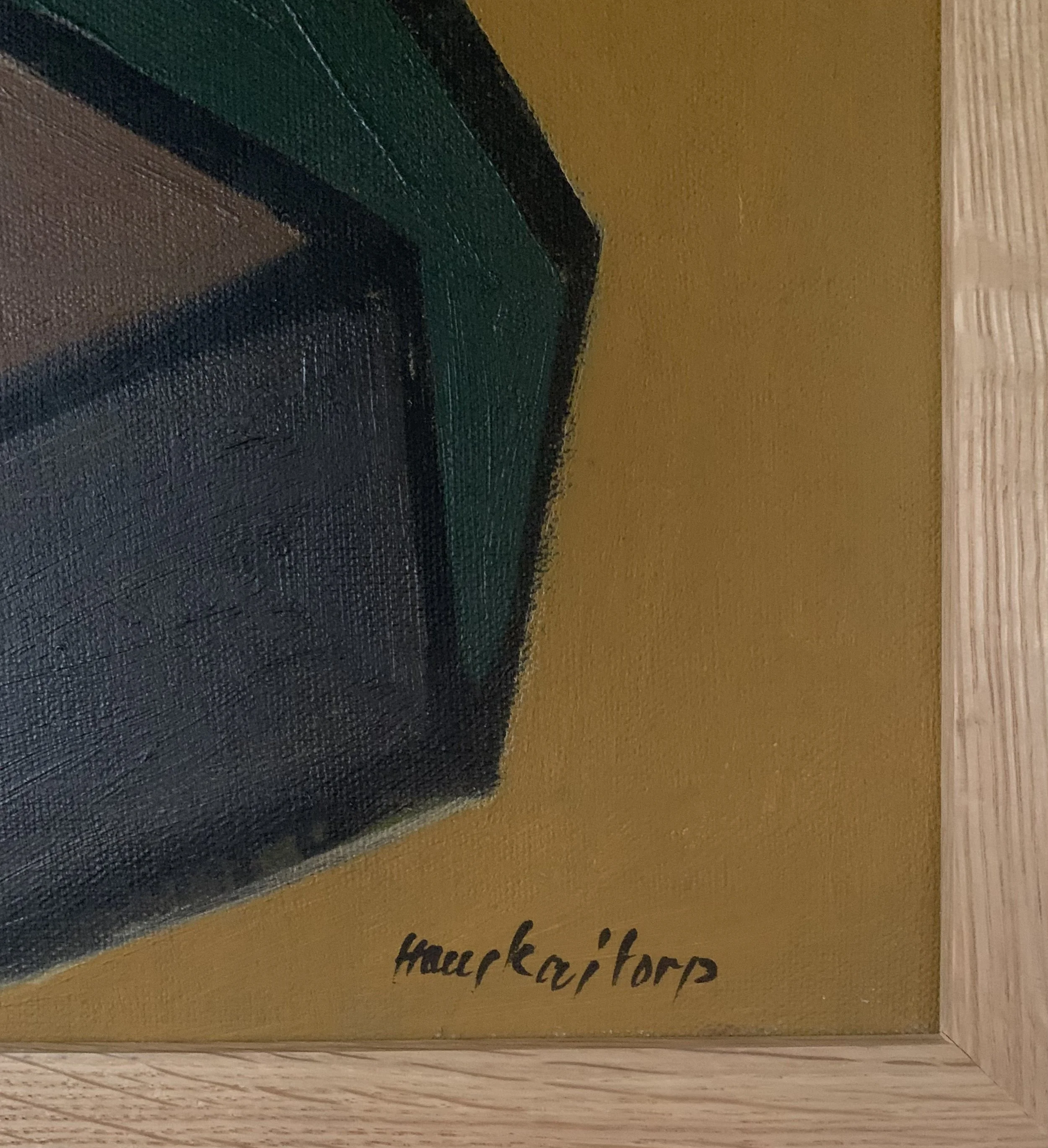 Detail of ‘Modernist Geometric Still Life’ (ca. 1960s), a framed oil painting by Hans Kajtorp showing the artist's signature as well as the texture and brushwork of the painting surface.