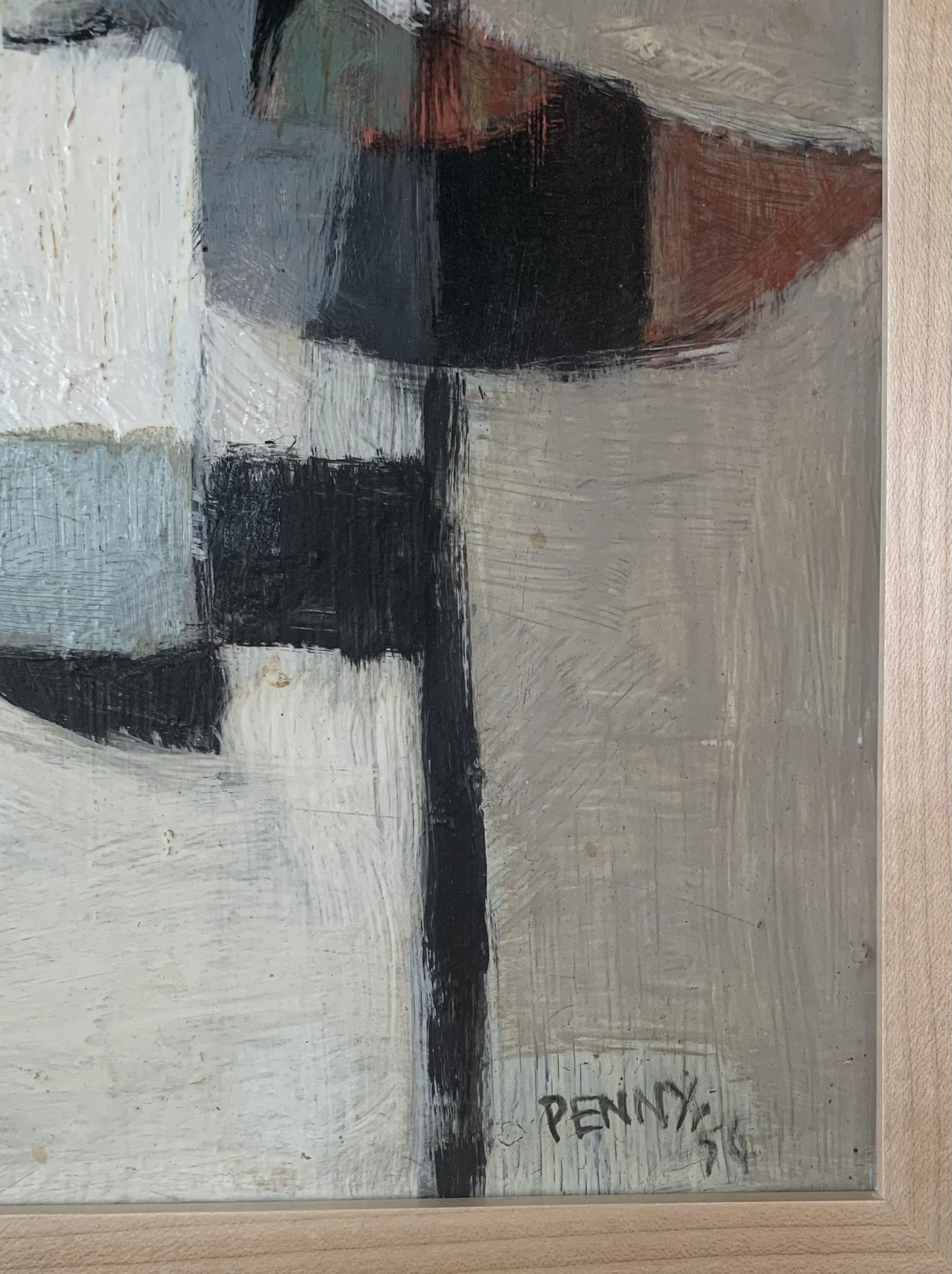 Detail of ‘Cubist Floral Still Life’ (ca. 1960s), a framed oil painting depicting a lively floral bouquet showing the artist's signature as well as the texture and brushwork of the painting surface.