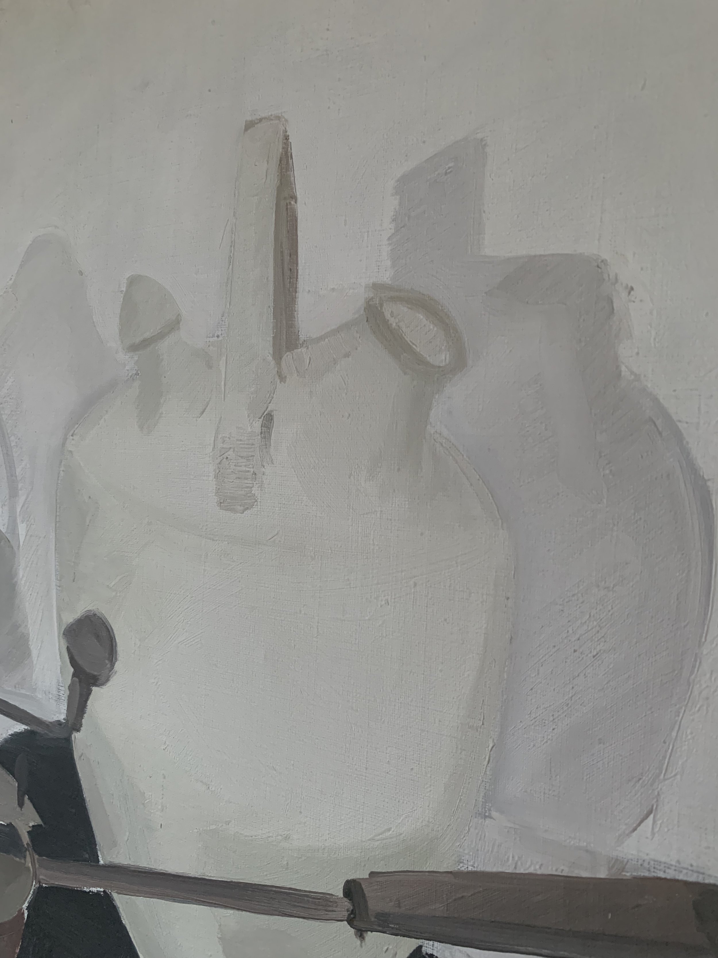 Detail of ‘Kitchen Still Life’ (ca. 1960s) by Allan Erwo showing the texture and brushwork of the oil painting.