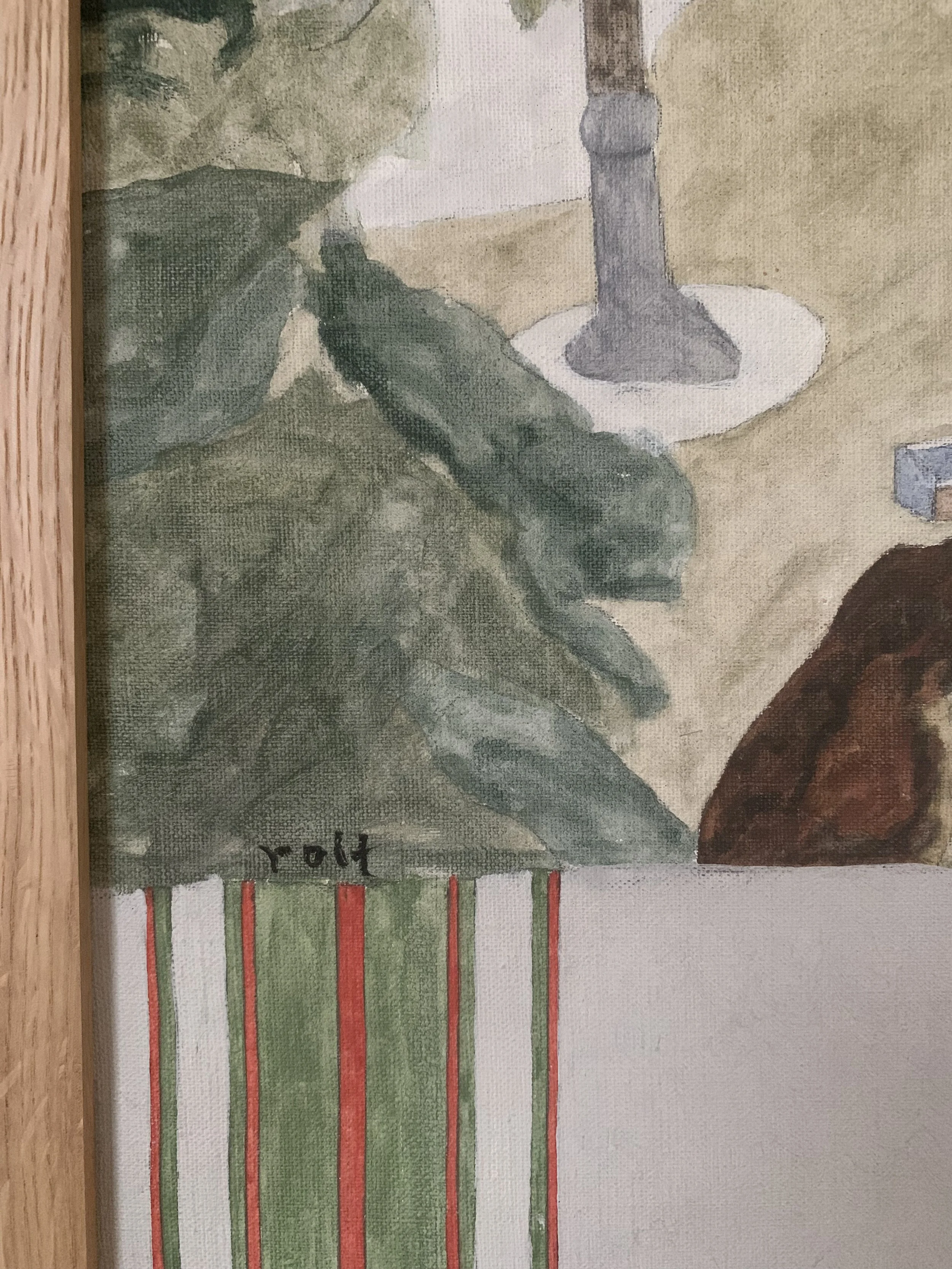 Detail of 'Breakfast' (ca. 1970s) by Rolf Pettersson showing the artist's signature, as well as the texture and brushwork on oil painting.