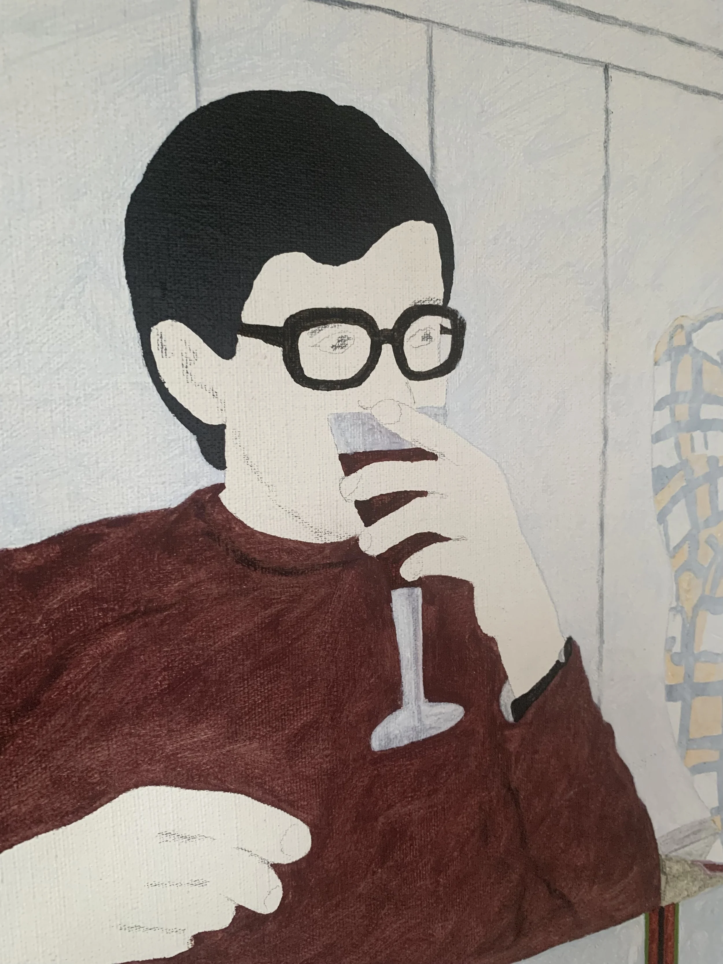 Detail of ‘Double Portrait’ (1975), a framed oil painting by Rolf Pettersson depicting the texture and brushwork of the painting surface.