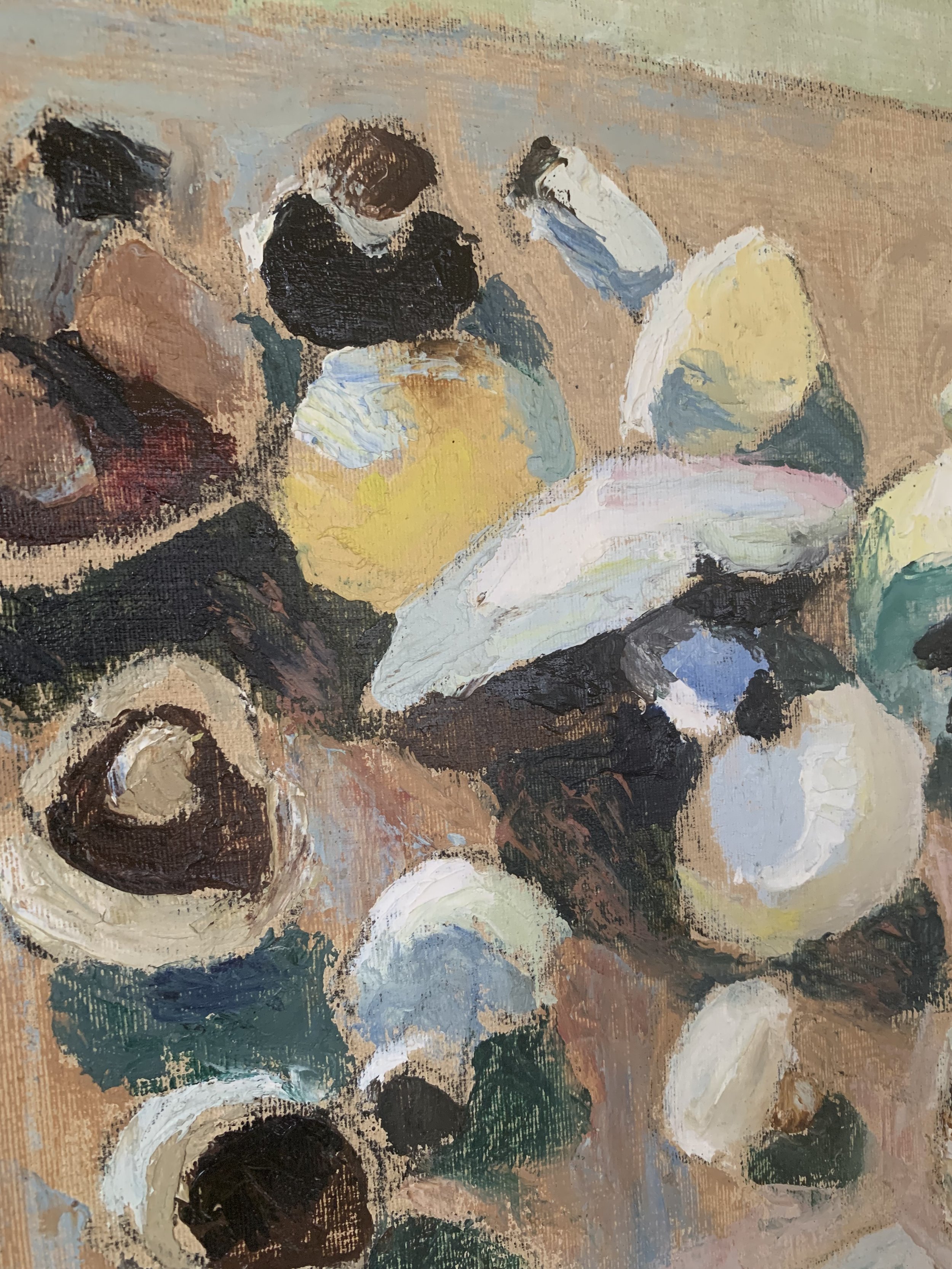 Detail of ‘Mushrooms II’ (1952) by Valdemar Mohed, a framed oil painting showing the texture and brushwork of the painting surface.