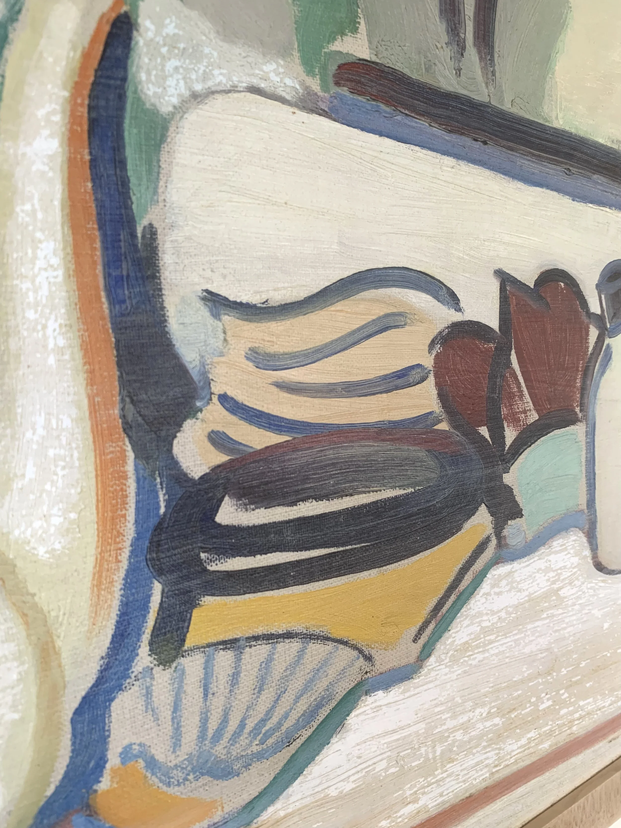 Detail of ‘Vanity Still Life’ (ca. 1960s) by Erik Bystrom, a framed oil painting depicting a counter with jars, makeup, and a vase with flowers.