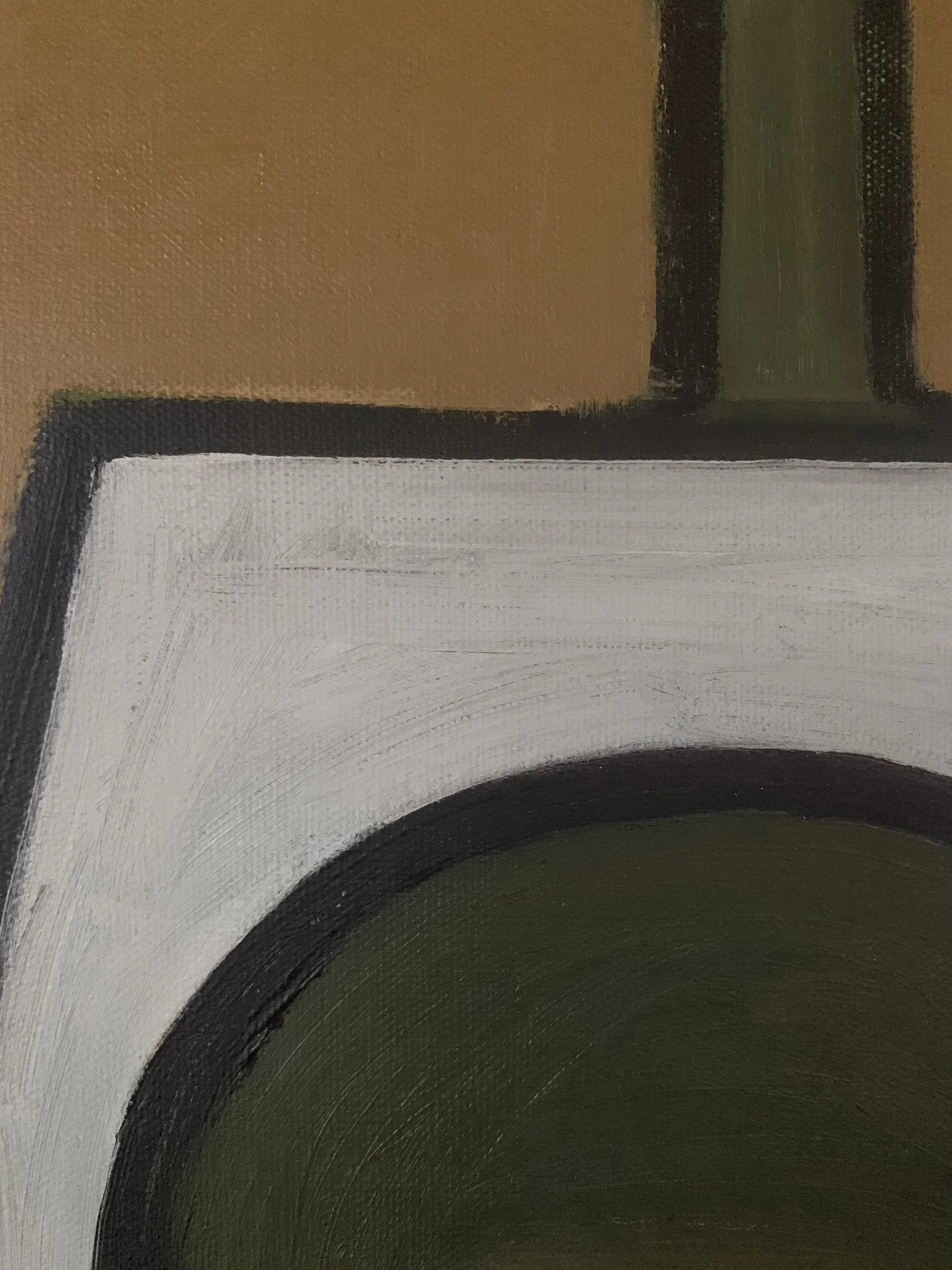 Detail of ‘Modernist Geometric Still Life’ (ca. 1960s), a framed oil painting by Hans Kajtorp depicting the texture and brushwork of the painting surface.