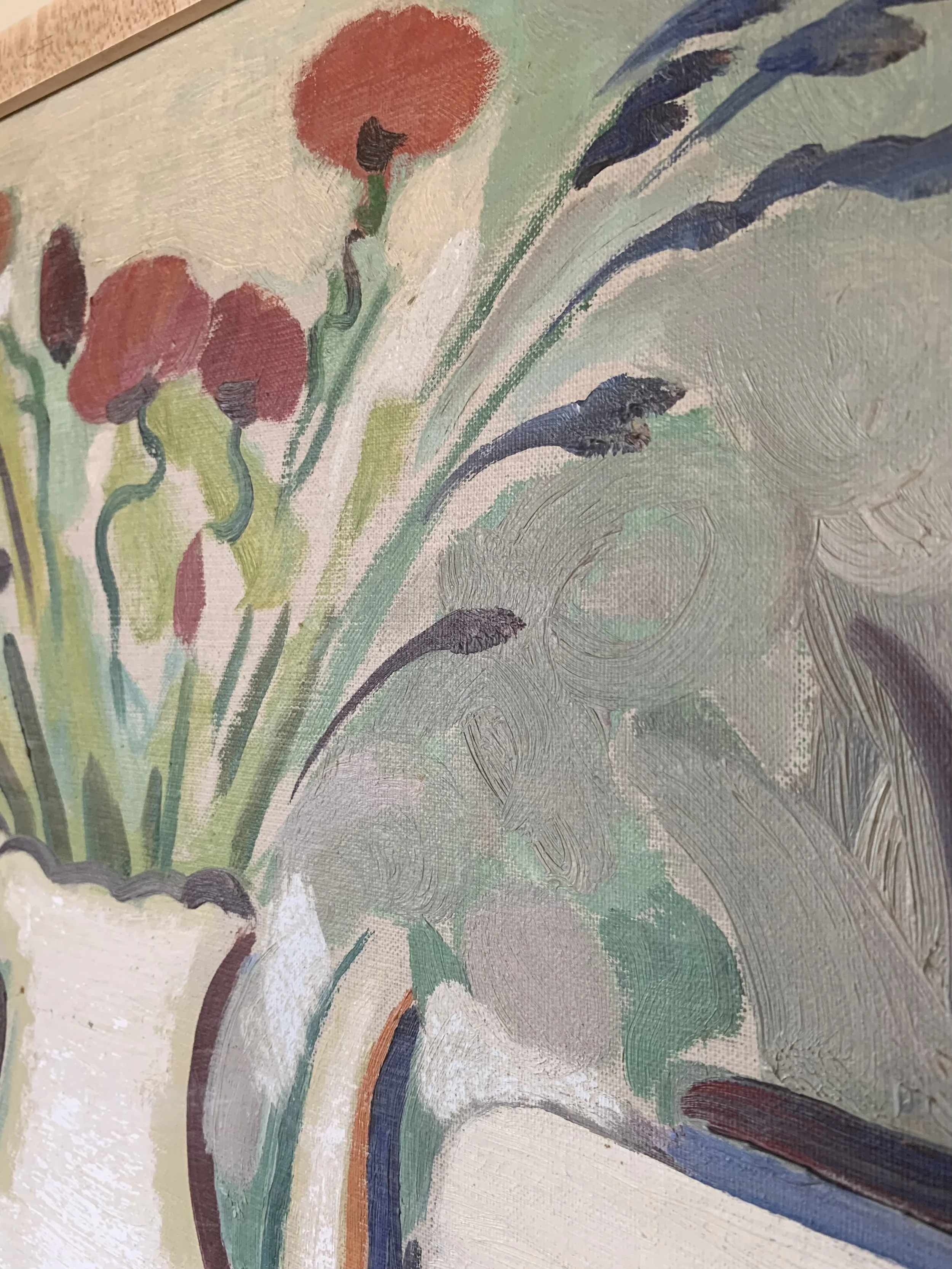 Detail of ‘Vanity Still Life’ (ca. 1960s) by Erik Bystrom, a framed oil painting depicting a counter with jars, makeup, and a vase with flowers.