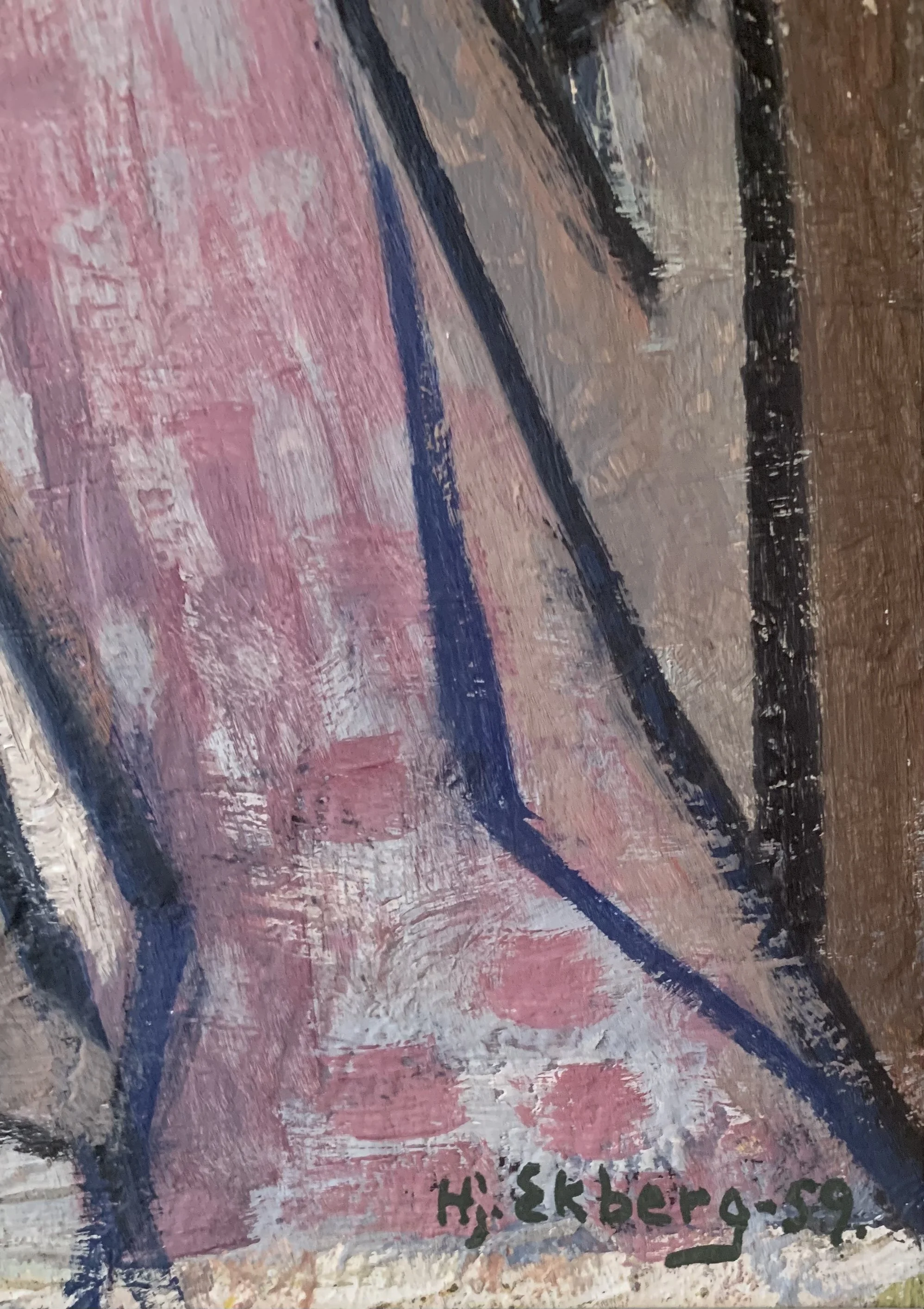 Detail of ‘Girlfriends’ (1959) by Hjalmar Ekberg, a framed Modernist oil painting of three female friends, showing the artist's signature.