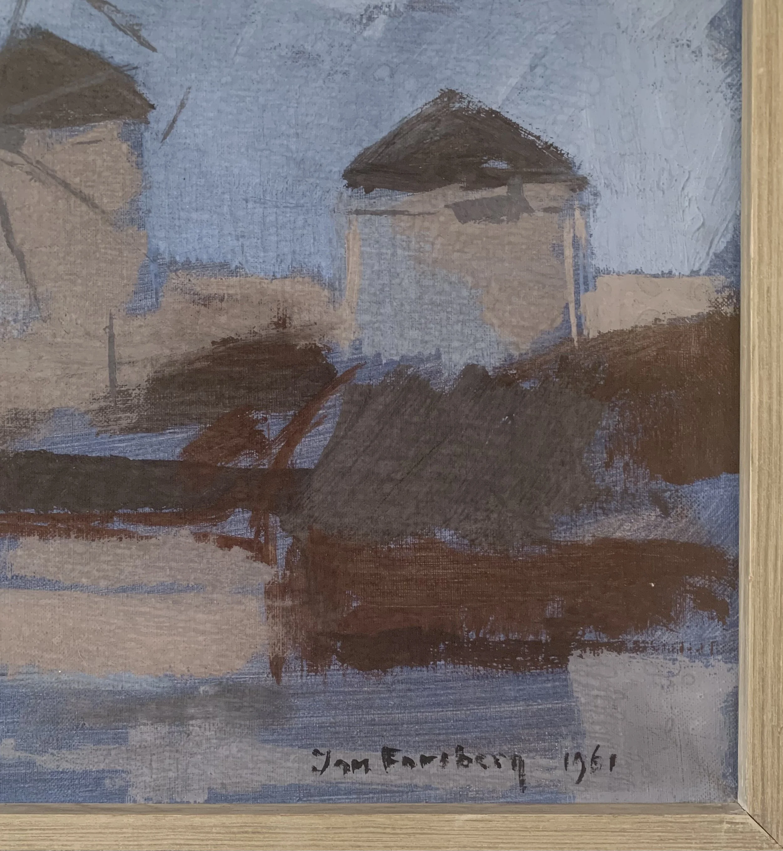 Detail of ‘Mills on Mykonos)’ (1961) by Jan Forsberg, showing artist's signature.